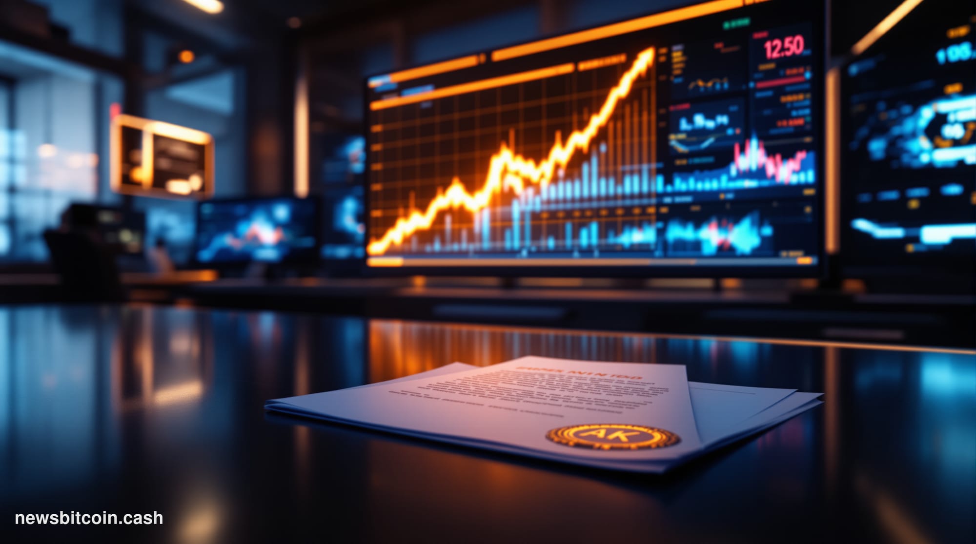 Cinematic photorealistic editorial photograph of a sleek financial trading floor environment in dramatic low-key lighting, wi