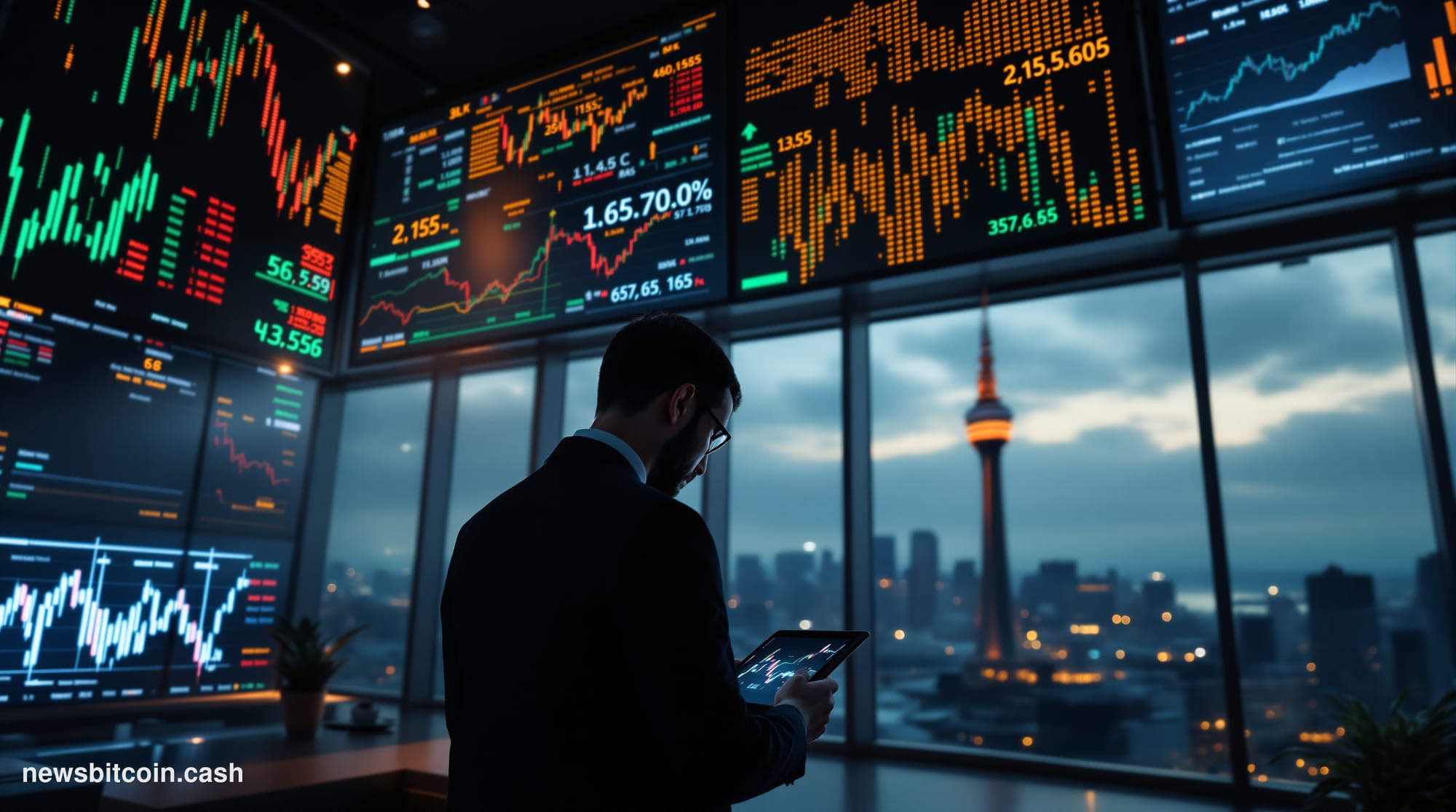 Cinematic photorealistic editorial photograph of the Tokyo Stock Exchange trading floor interior, shot from a low angle looki