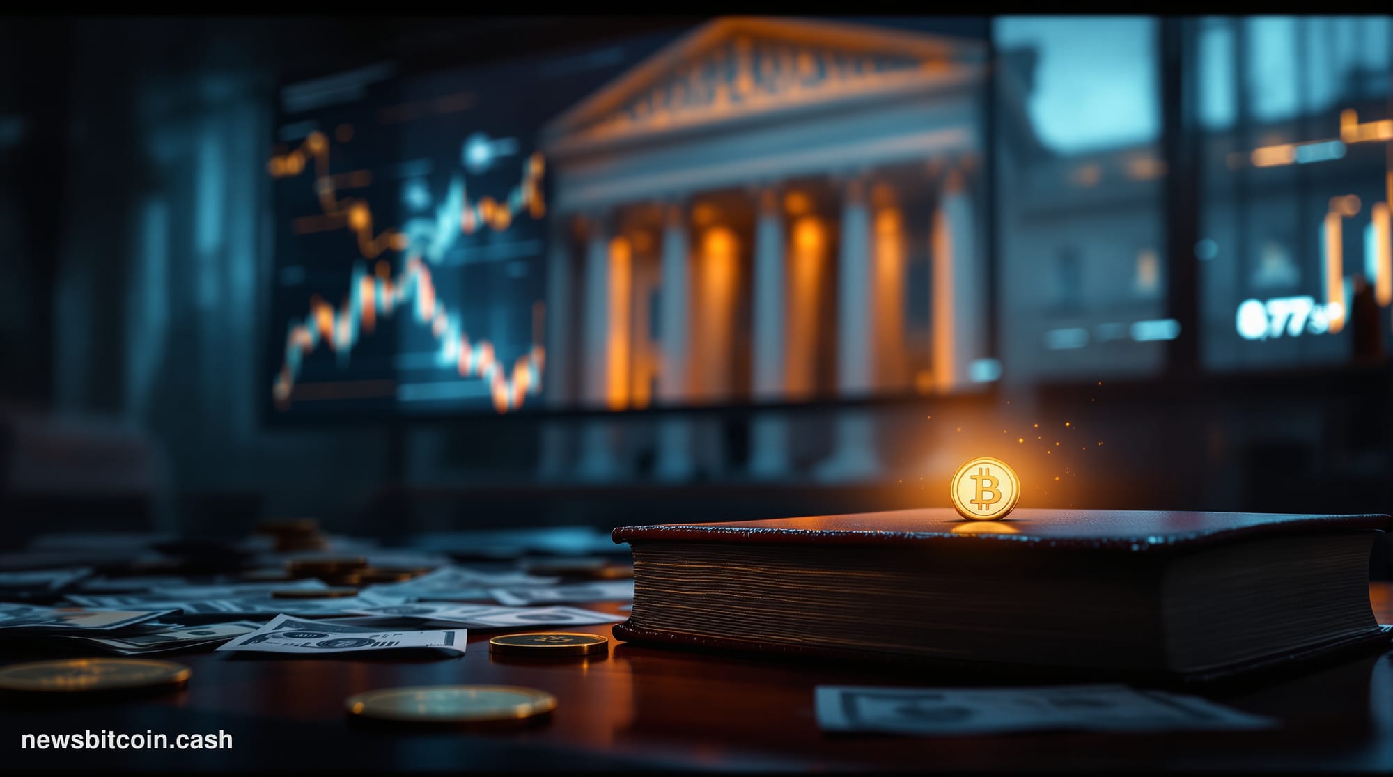 A cinematic photorealistic editorial photograph set inside a dimly lit financial war room, with a large screen displaying gol