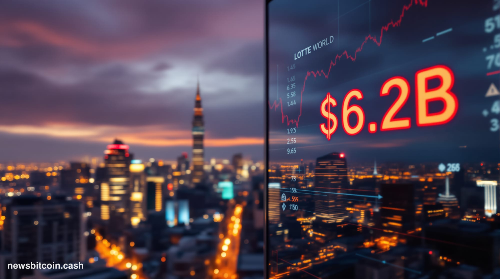 Cinematic photorealistic editorial photograph of the Seoul financial district skyline at dusk, with the iconic Lotte World To