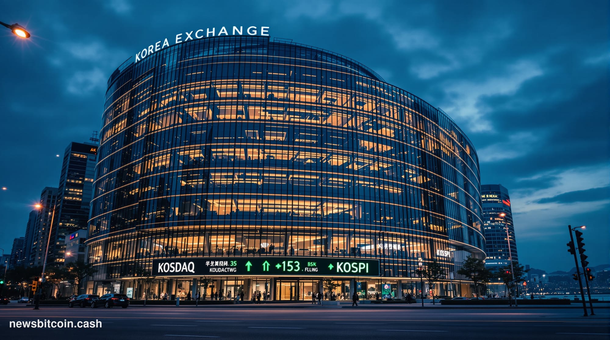 Cinematic photorealistic editorial photograph of the Korea Exchange building in Yeouido, Seoul's financial district, shot at 