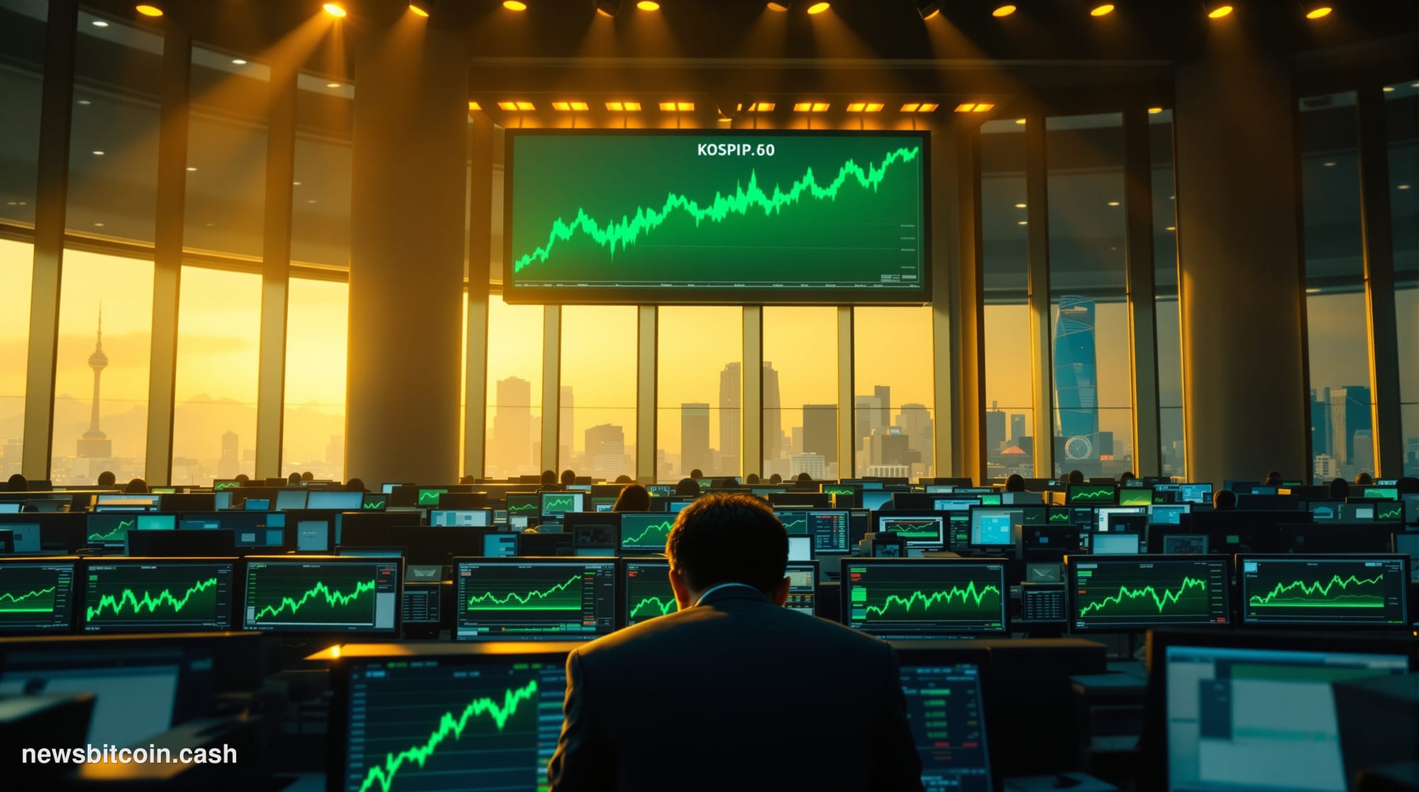 Cinematic photorealistic editorial photograph of the Korea Exchange trading floor in Seoul, South Korea, with dramatic warm g