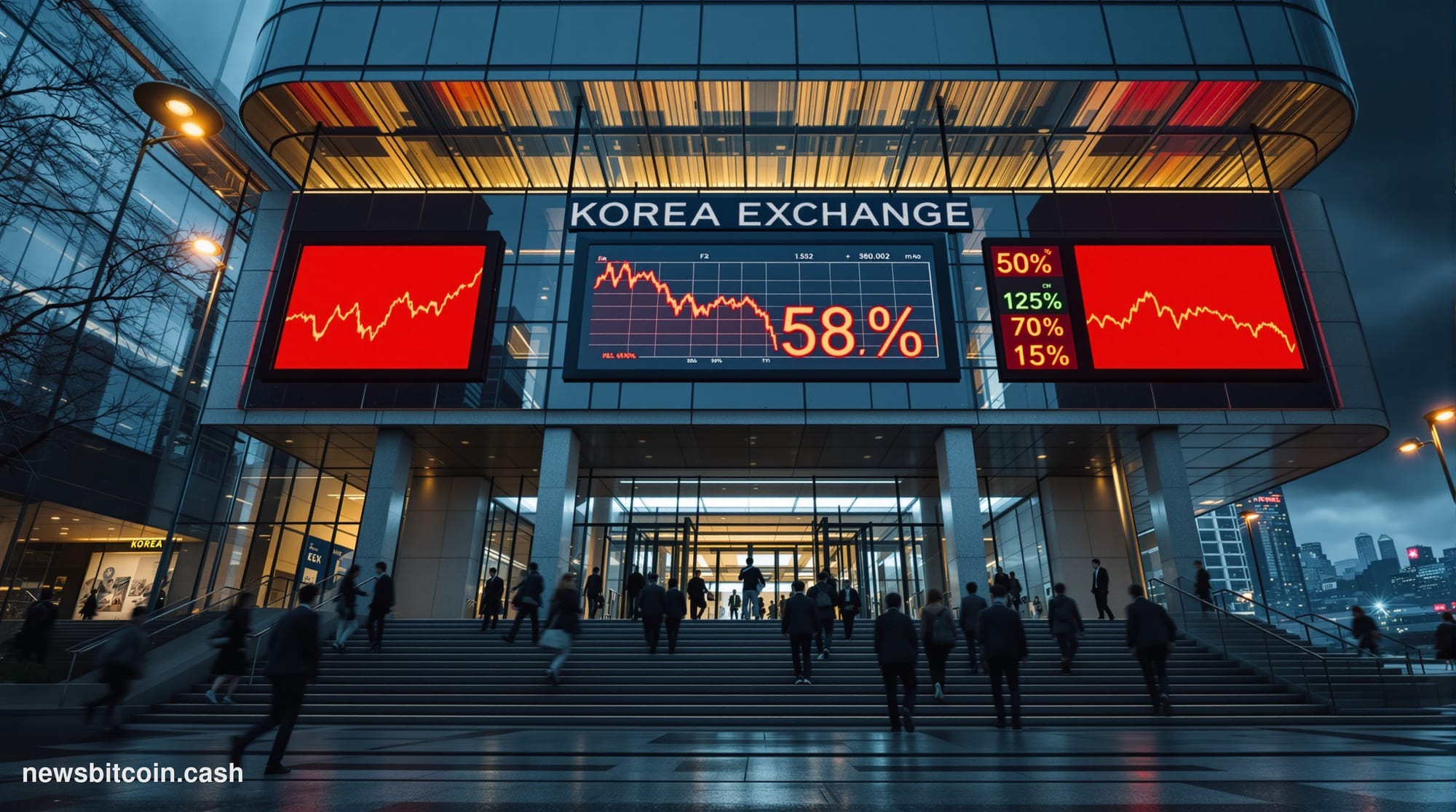 Cinematic photorealistic editorial photograph of the Korea Exchange building in Yeouido, Seoul's financial district, shot at 