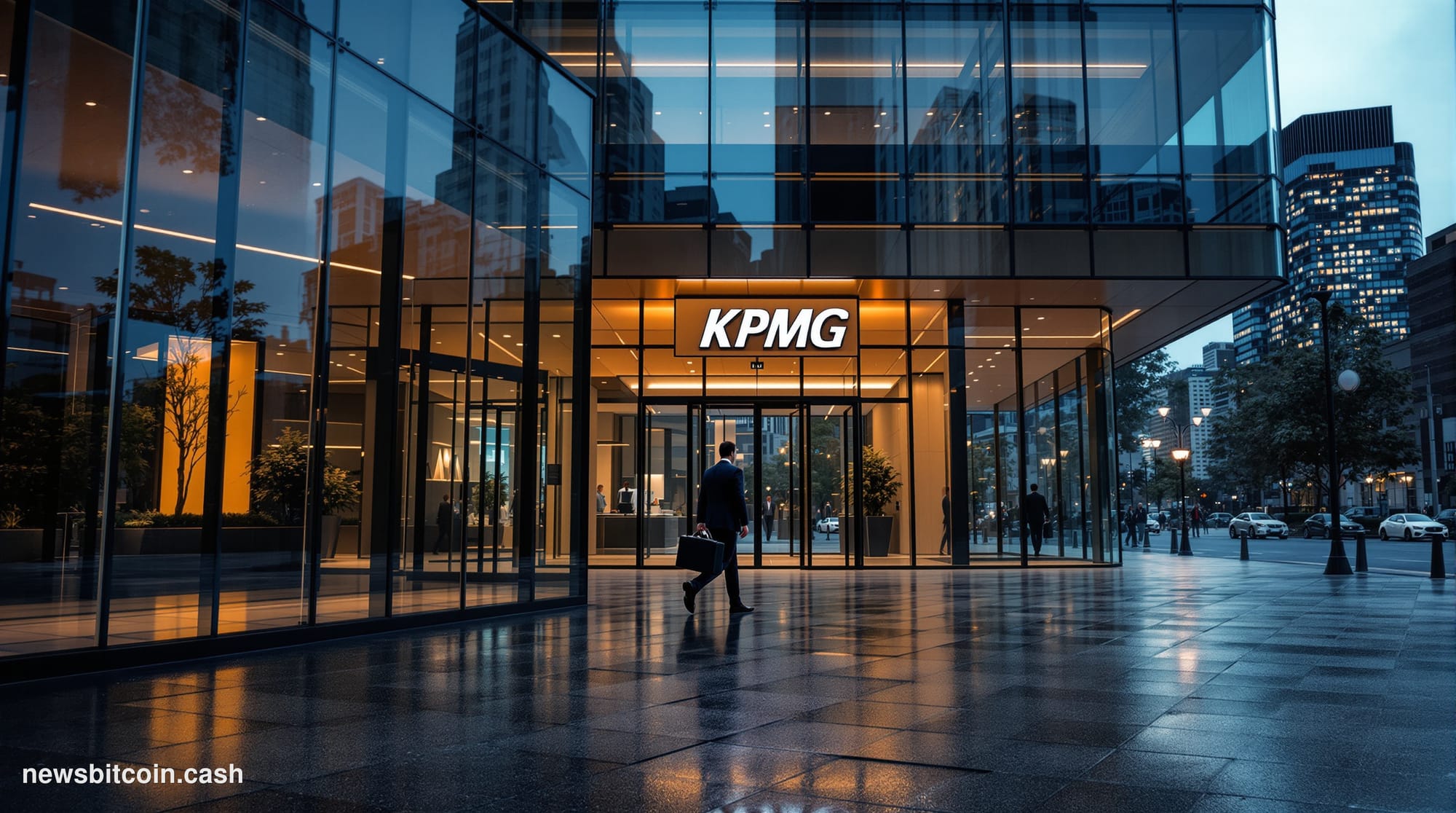Cinematic photorealistic editorial photograph of the KPMG Australia Sydney office exterior, shot from a low angle looking up 