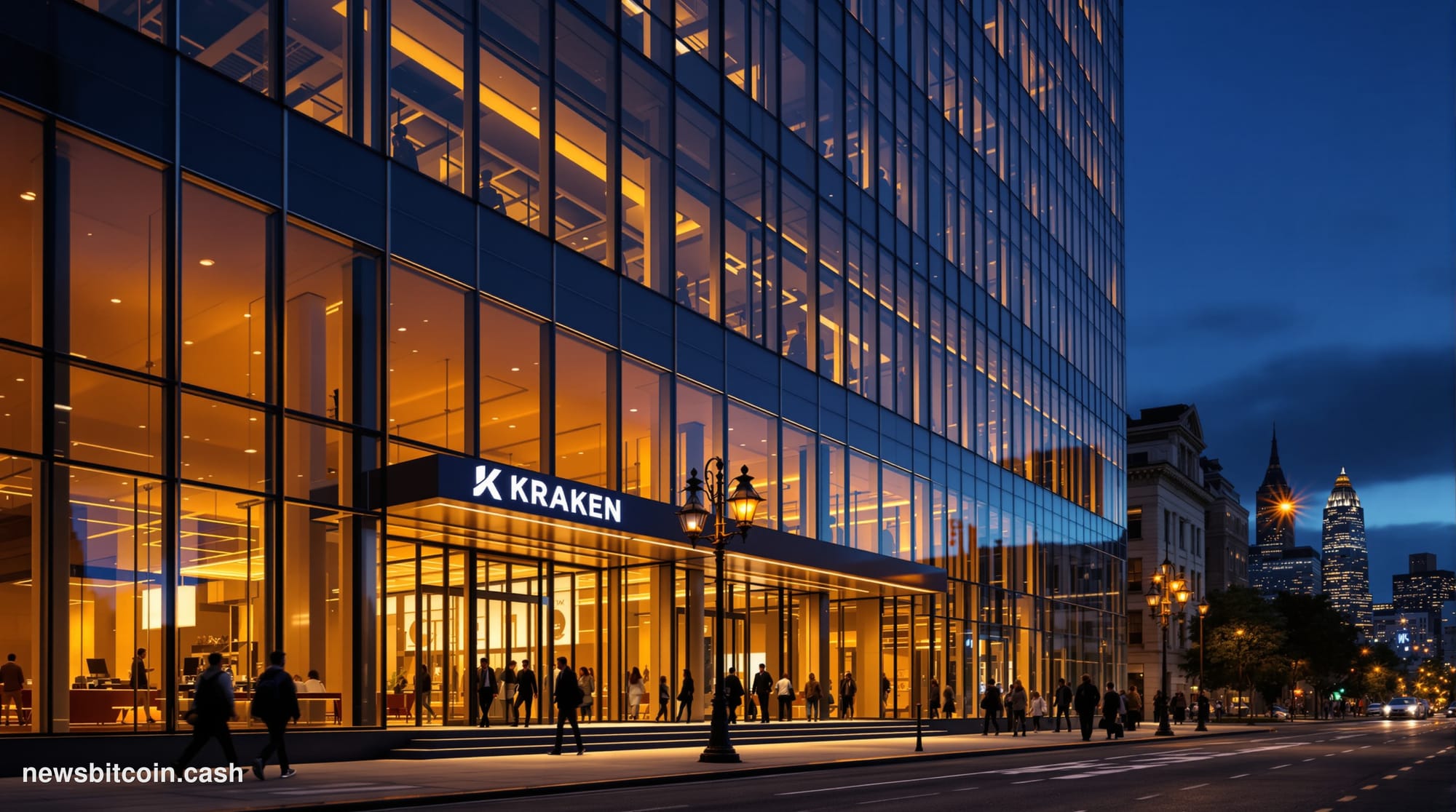 Cinematic photorealistic editorial photograph of Kraken's San Francisco headquarters exterior at dusk, dramatic side lighting
