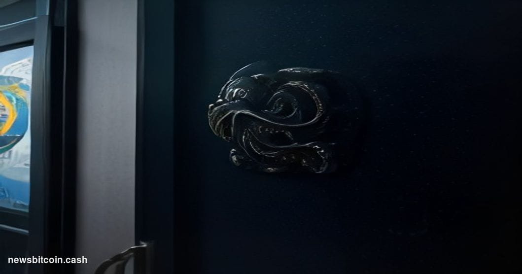 Cinematic photorealistic editorial photograph of the Kraken exchange logo displayed on a dark frosted glass office entrance i