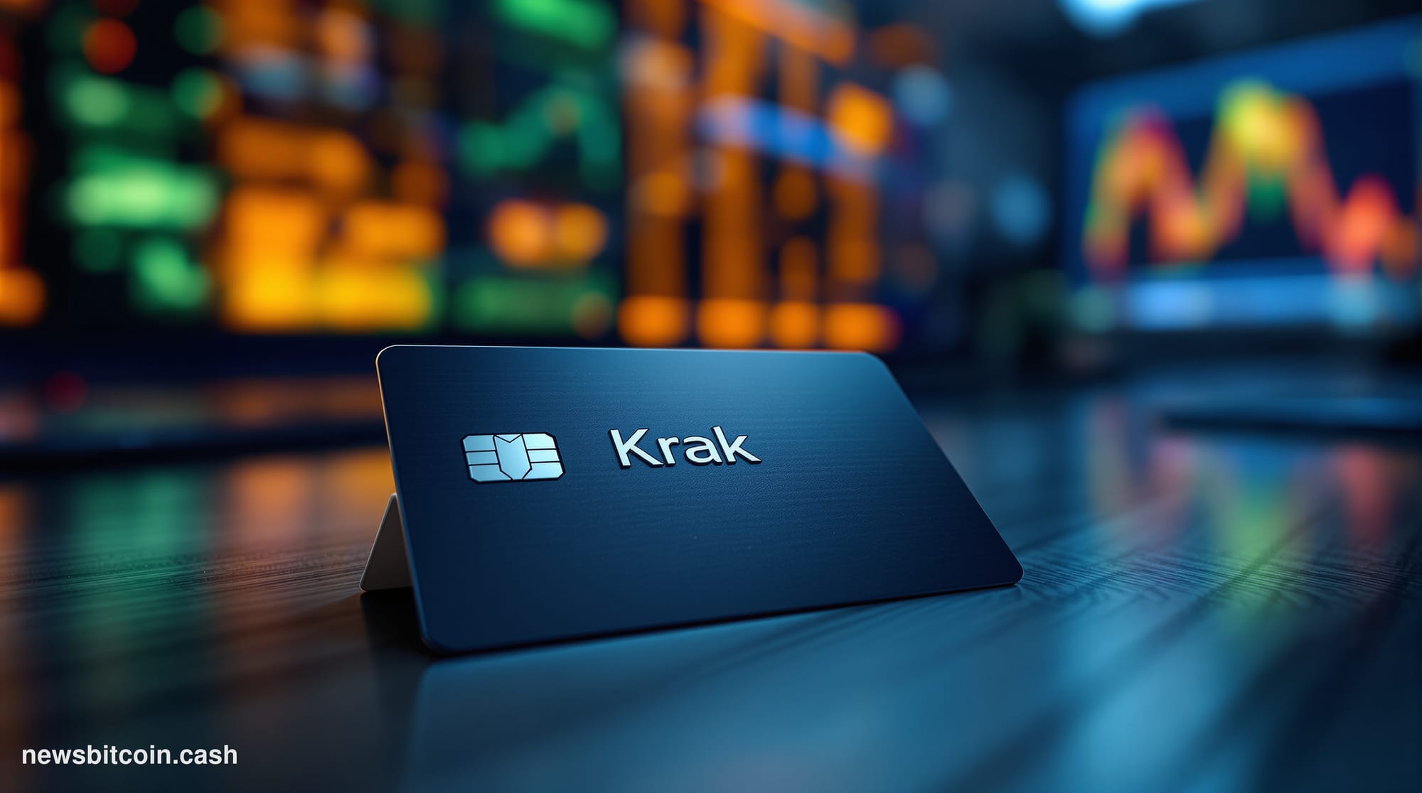 Cinematic photorealistic editorial photograph of a sleek, dark-tinted debit card bearing the word "Krak" resting on a brushed
