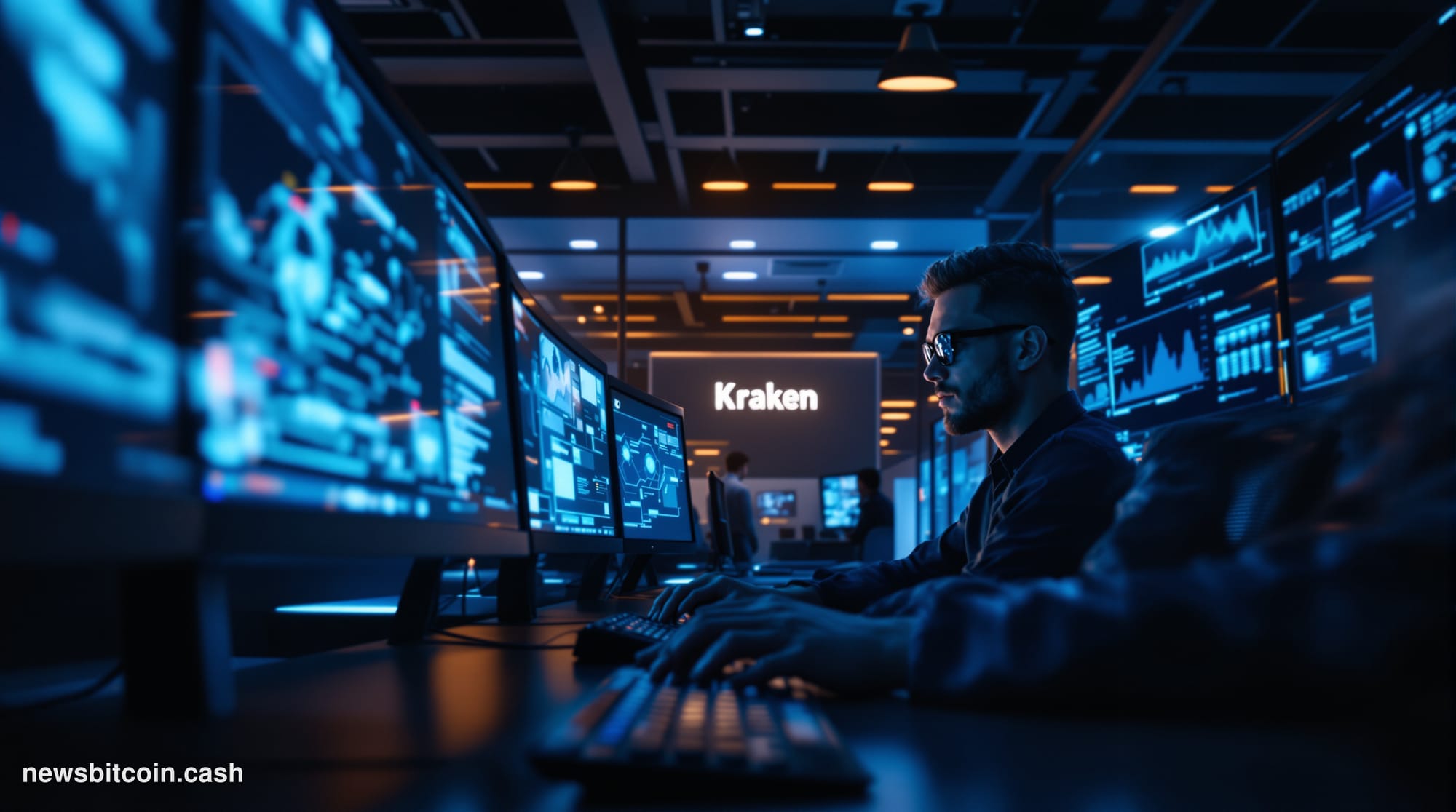 Cinematic photorealistic editorial photograph of a sleek, dimly lit cybersecurity operations center bathed in deep blue and a