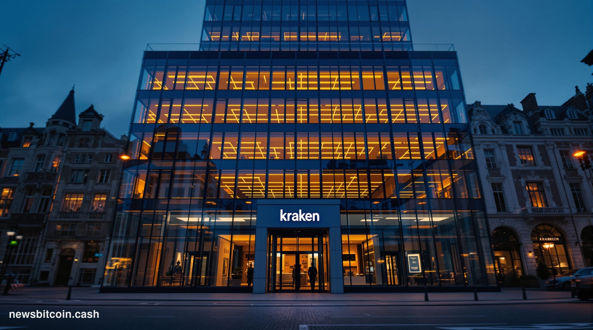Cinematic photorealistic editorial photograph of Kraken's San Francisco headquarters exterior at dusk, with dramatic low-angl
