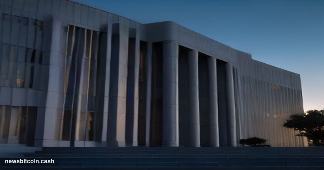 Cinematic photorealistic editorial photograph of a federal courthouse in Las Vegas, Nevada, shot at dusk from a low angle wit