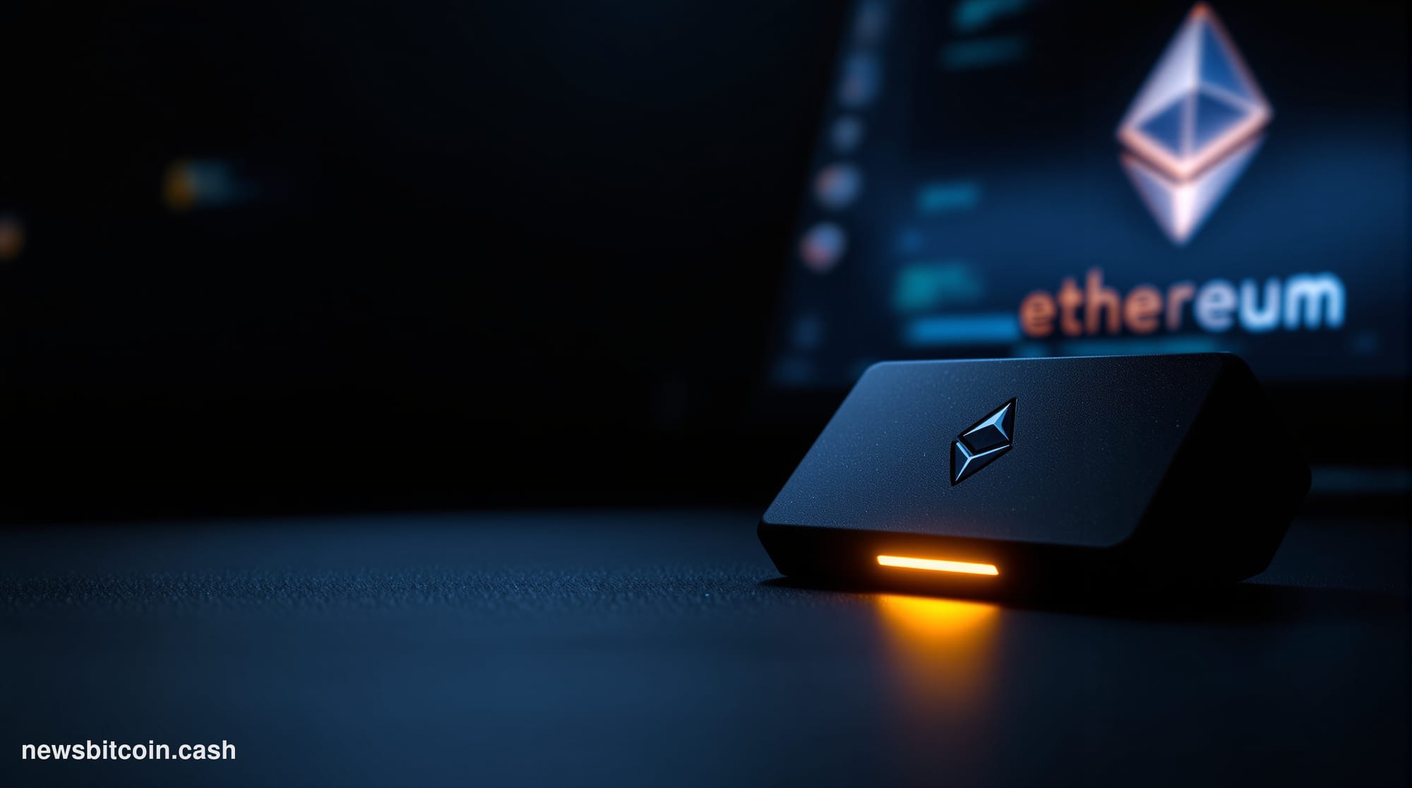 Cinematic photorealistic editorial photograph of a Ledger hardware wallet device — the iconic black rectangular form factor —