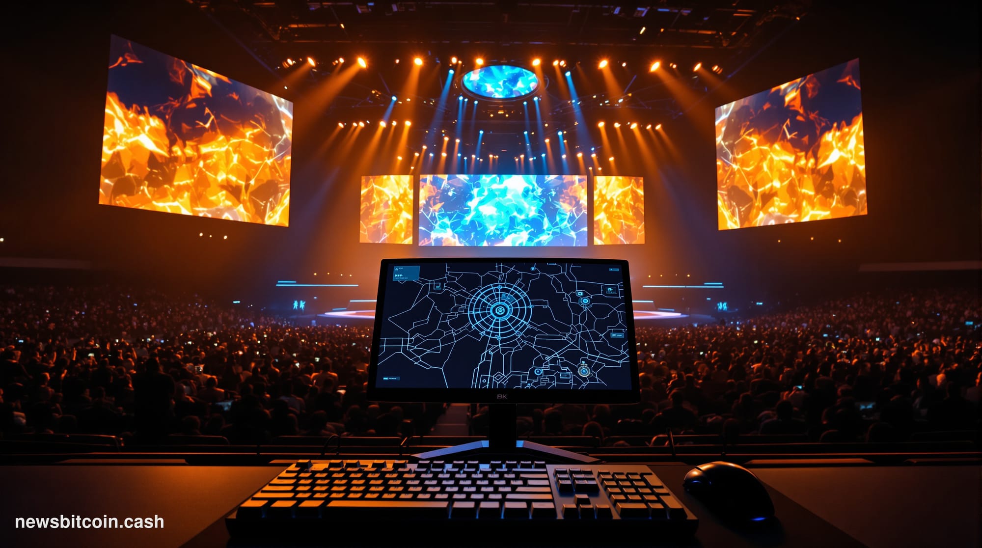 Cinematic photorealistic editorial photograph of a darkened esports arena in China, dramatically lit with deep blue and gold 