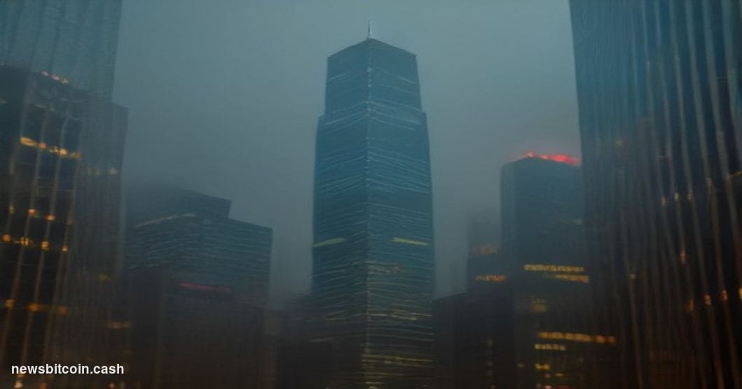 Cinematic photorealistic editorial photograph of the Hong Kong Stock Exchange building in Central, Hong Kong, shot from a low