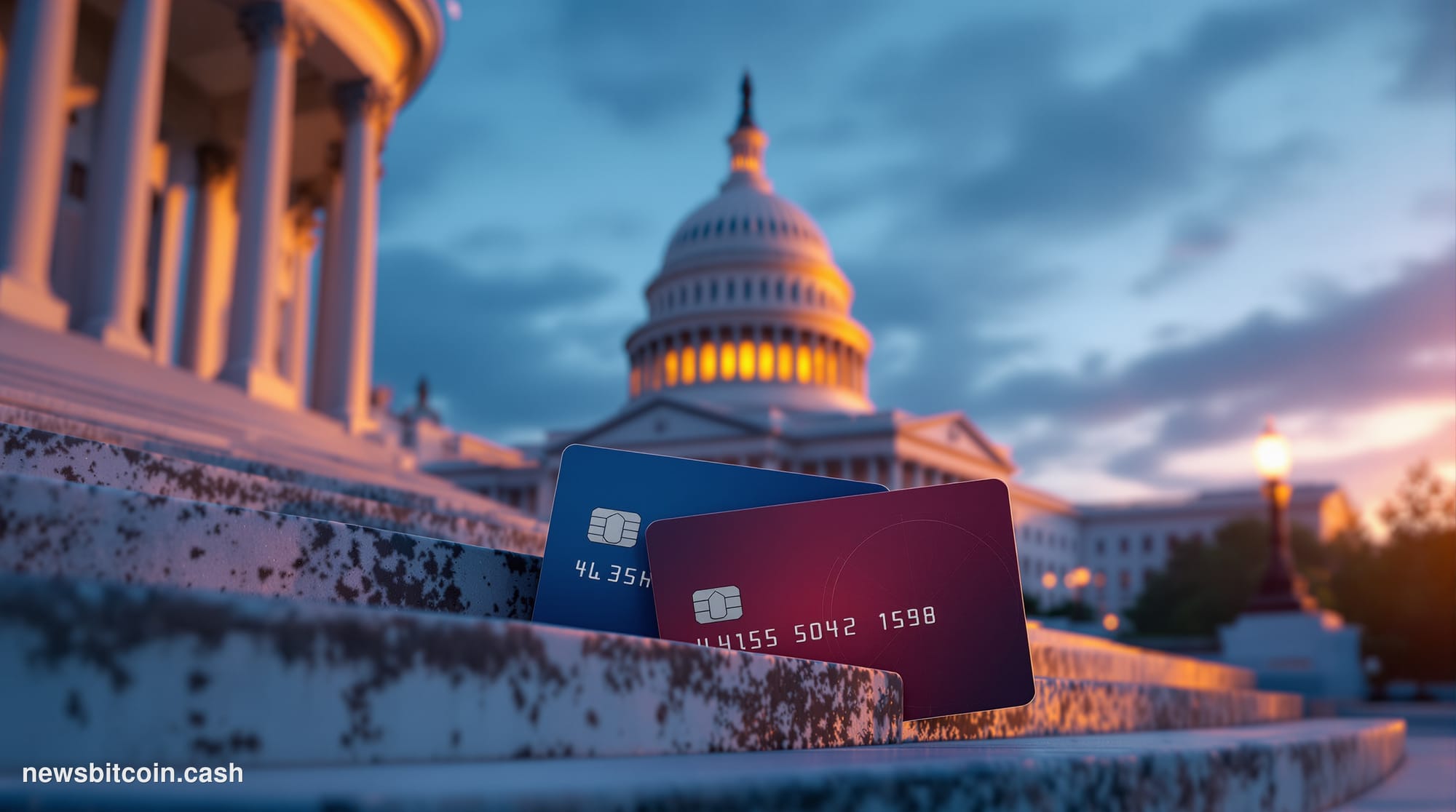Cinematic photorealistic editorial photograph of the United States Capitol building in Washington D.C. at dusk, shot from a l