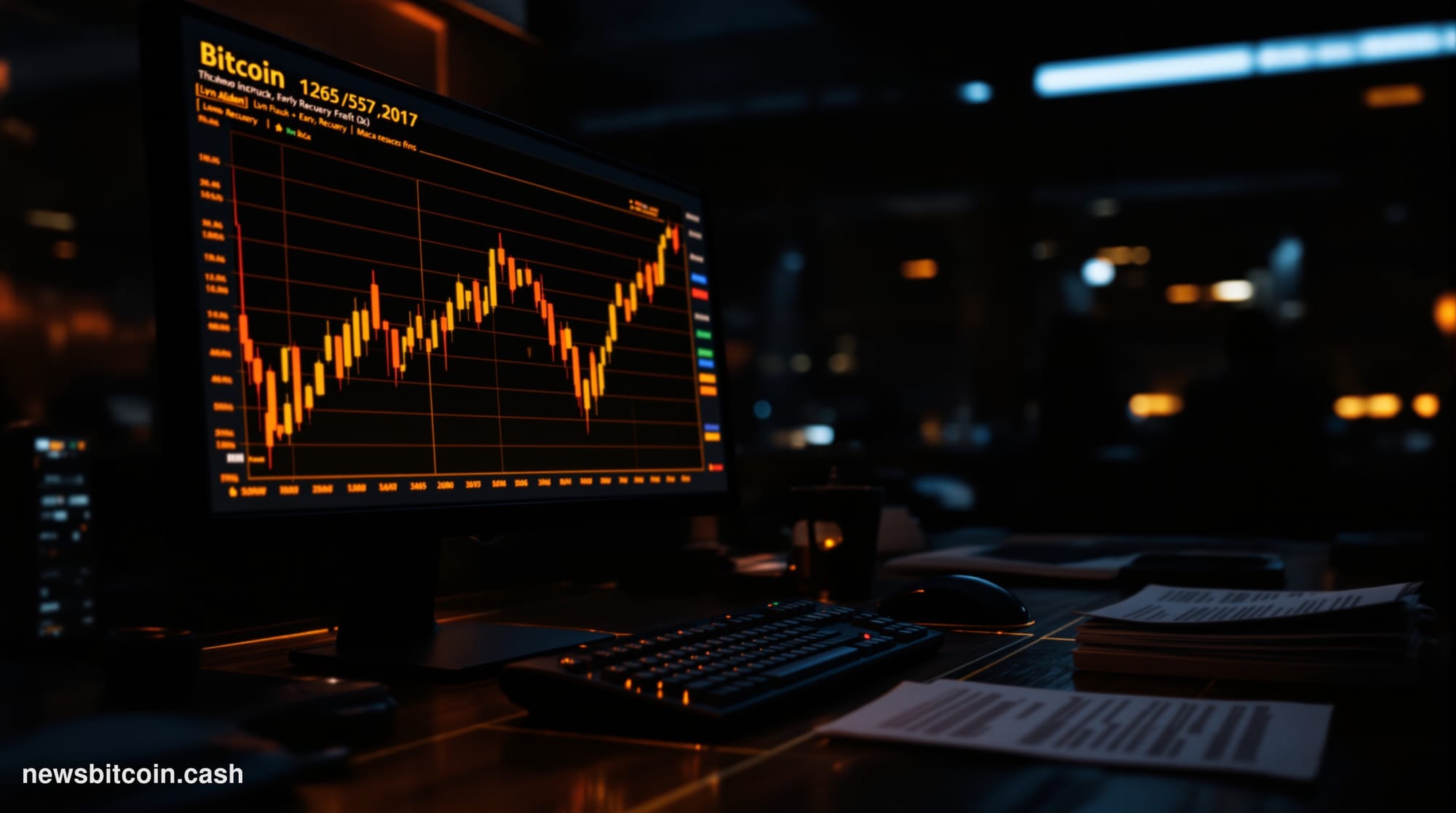 Cinematic photorealistic editorial photograph of a weathered trading floor terminal in dramatic chiaroscuro lighting, warm am