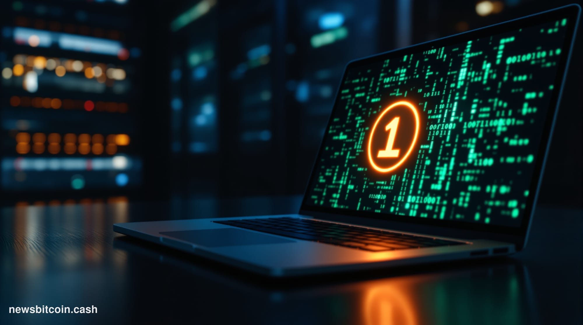 Cinematic photorealistic editorial photograph of a sleek silver MacBook Pro laptop on a dark wooden desk, its screen glowing 