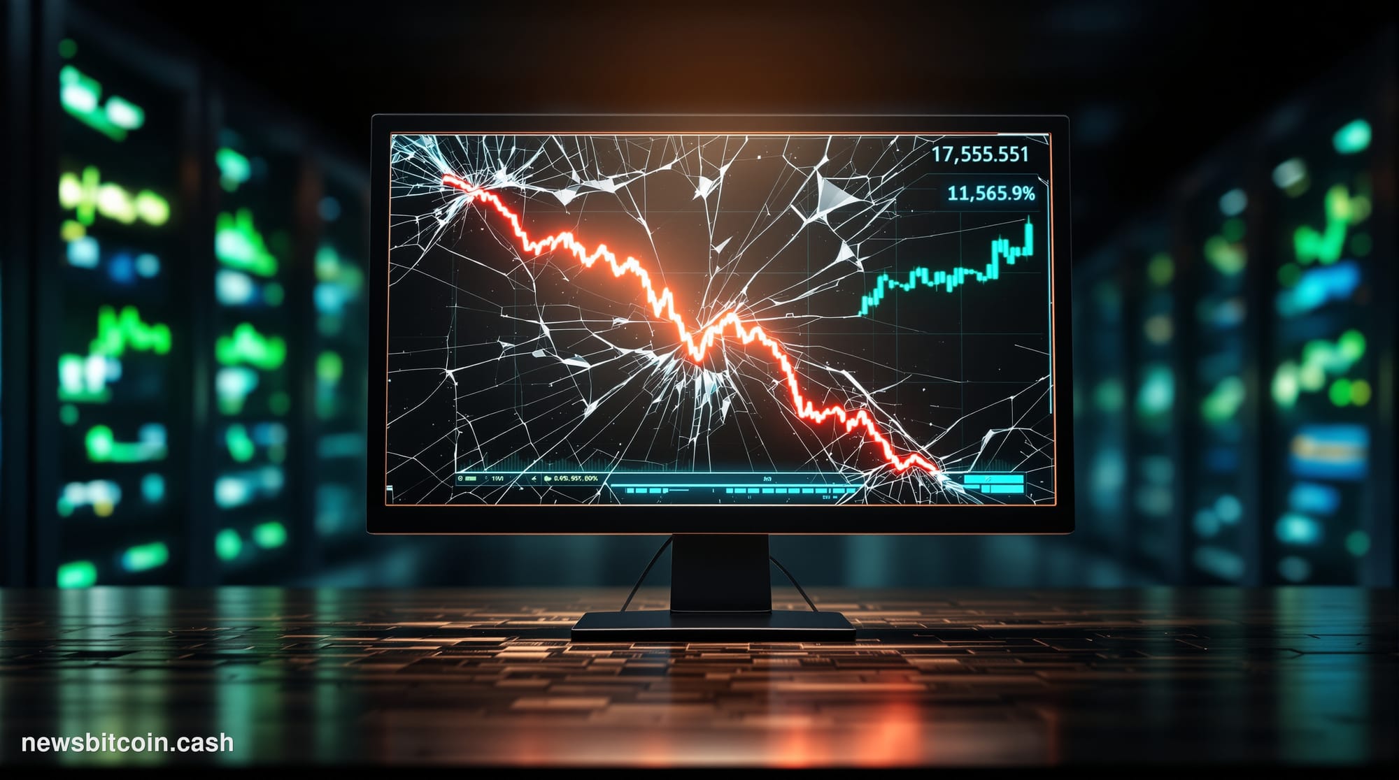 A cinematic photorealistic editorial photograph of a shattered digital trading screen displaying a dramatic price chart in fr