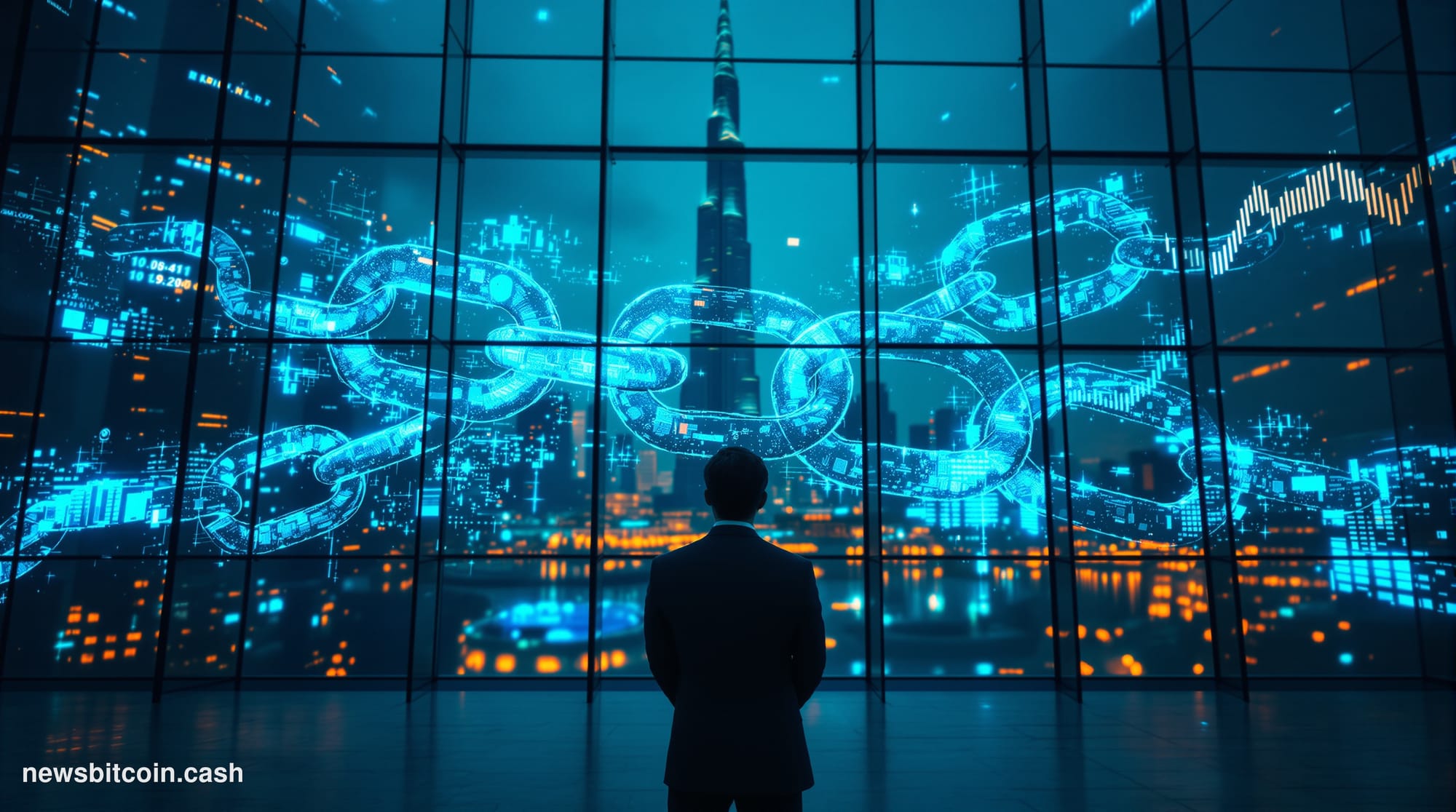 Cinematic photorealistic editorial photograph of a sleek glass-and-steel financial technology office tower in Dubai at dusk, 