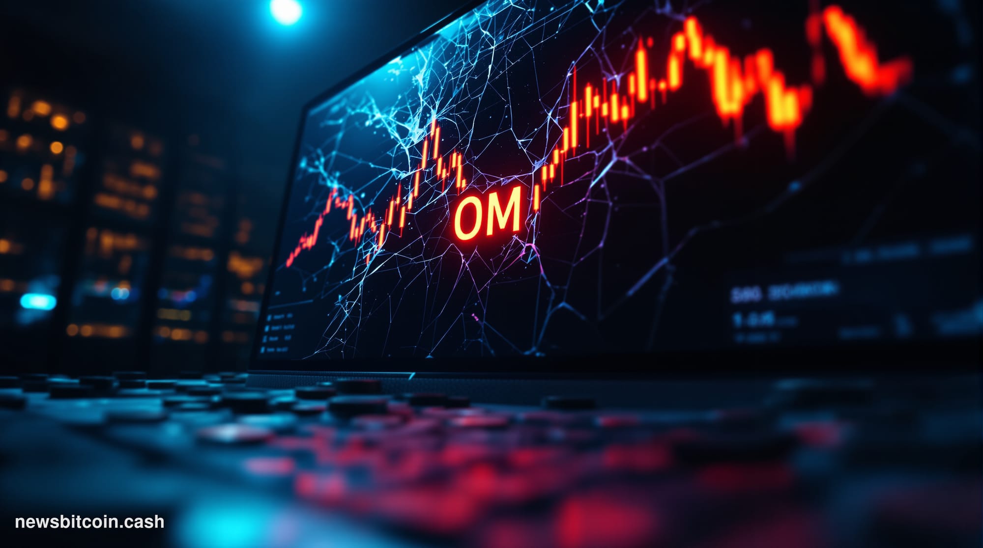 A cinematic photorealistic editorial photograph shot at low angle looking up at a cracked and darkened digital trading termin