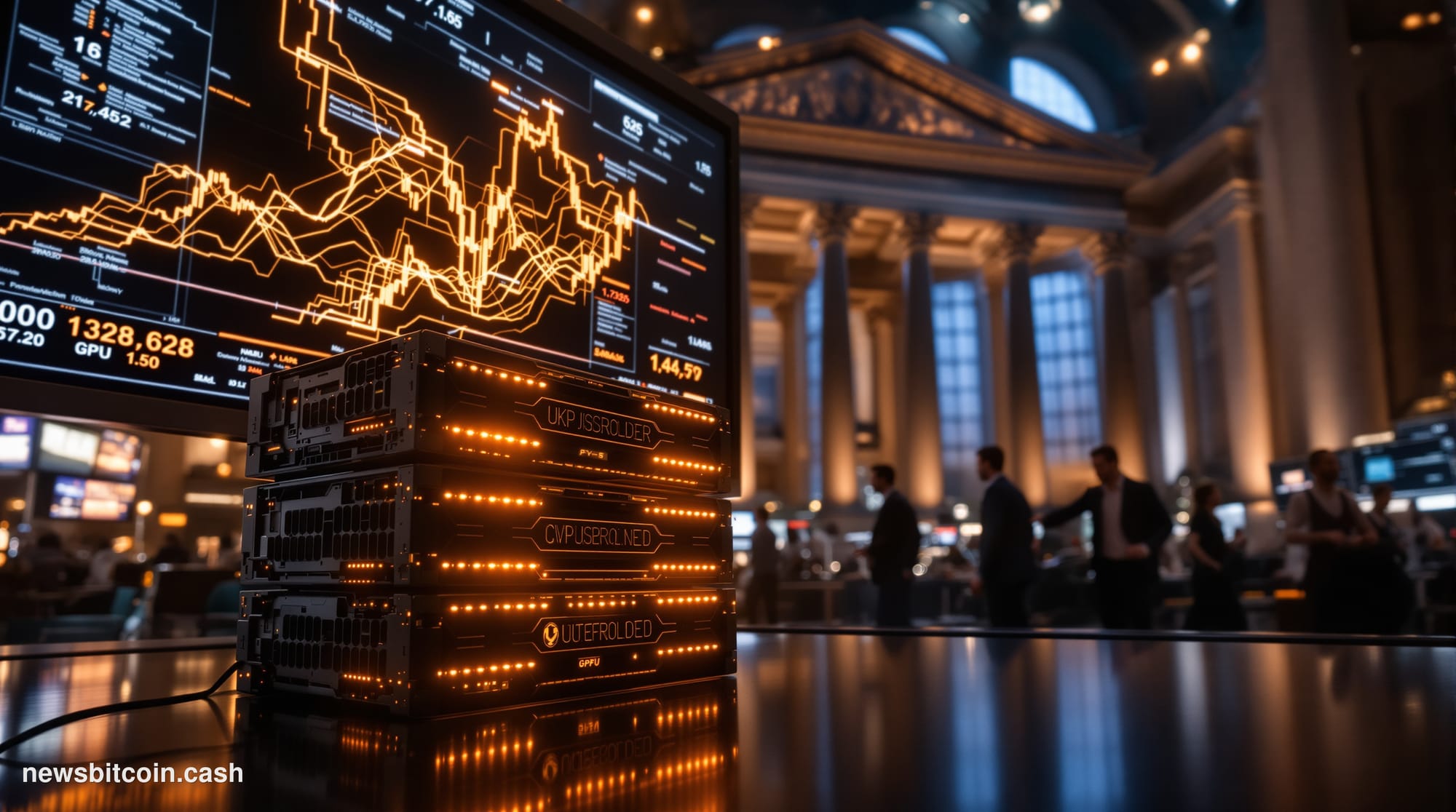 A cinematic photorealistic editorial photograph set inside a dramatic trading floor environment, with a large digital ticker 