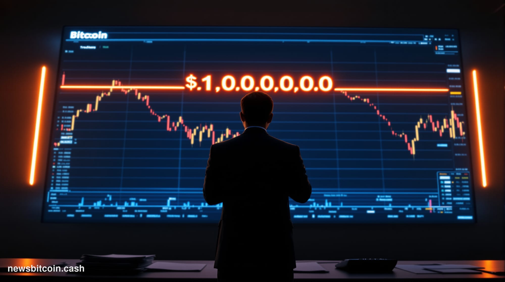 Cinematic photorealistic editorial photograph of a massive digital wall display showing a Bitcoin price chart sharply flatten