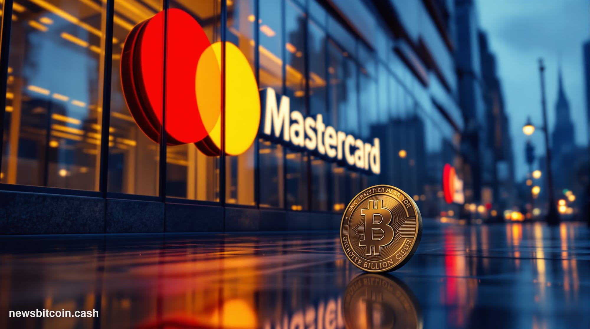 Cinematic photorealistic editorial photograph of Mastercard's New York City headquarters exterior at dusk, the iconic red and