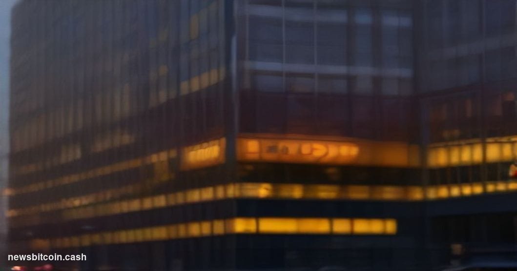 Cinematic photorealistic editorial photograph of Mastercard's Purchase, New York headquarters exterior at dusk, the iconic re