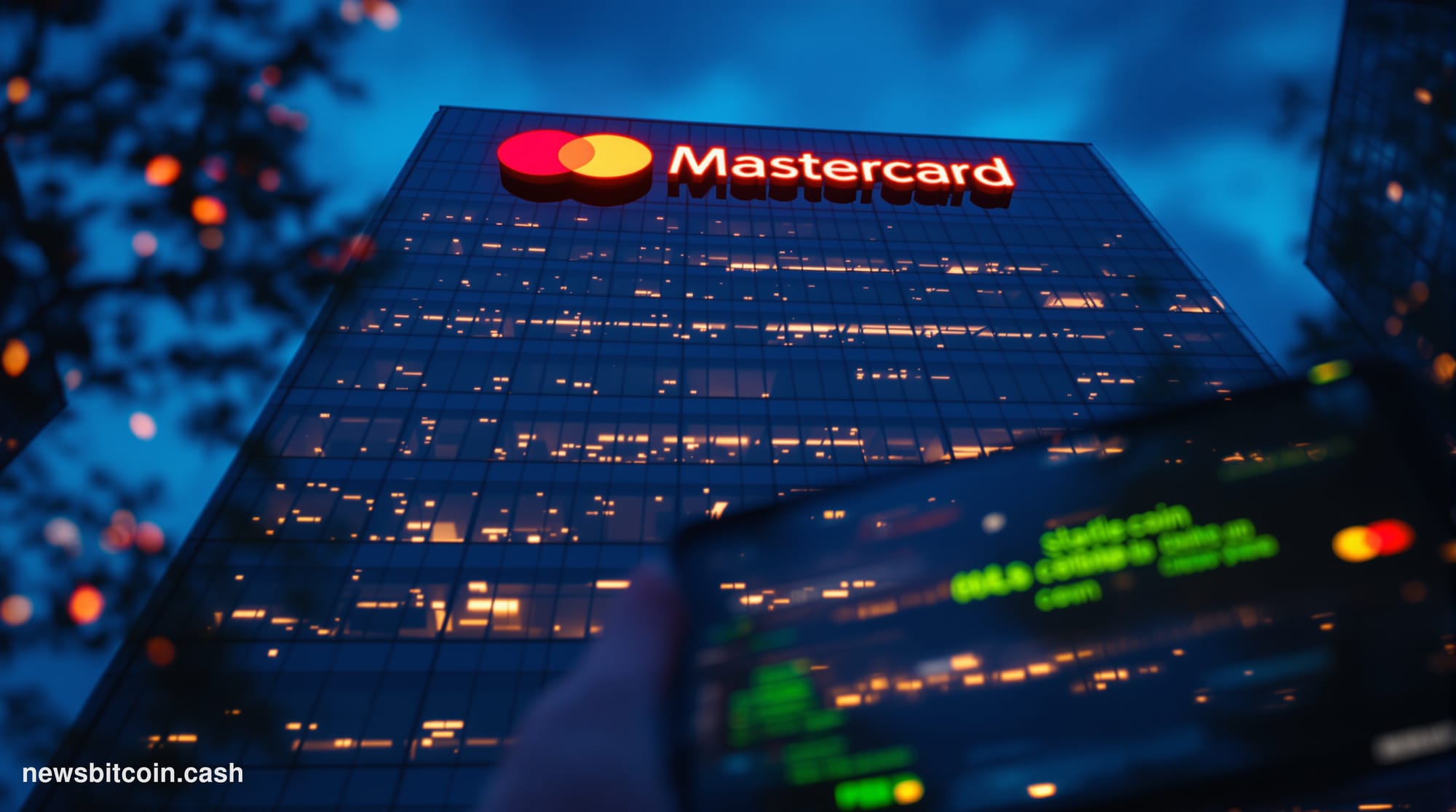 Cinematic photorealistic editorial photograph of Mastercard's Purchase, New York global headquarters exterior at dusk, the ic