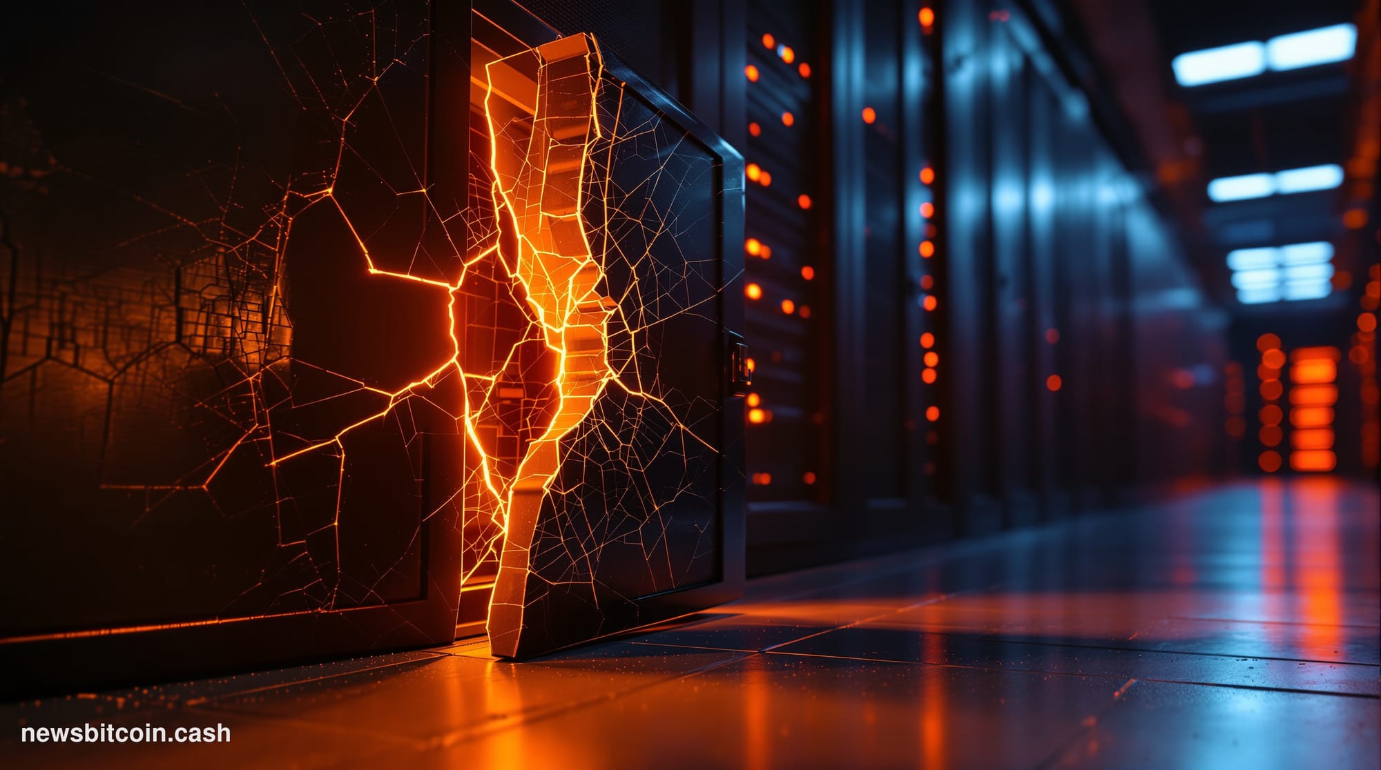 A cinematic photorealistic editorial photograph of a fractured digital vault door, partially open in a darkened server enviro
