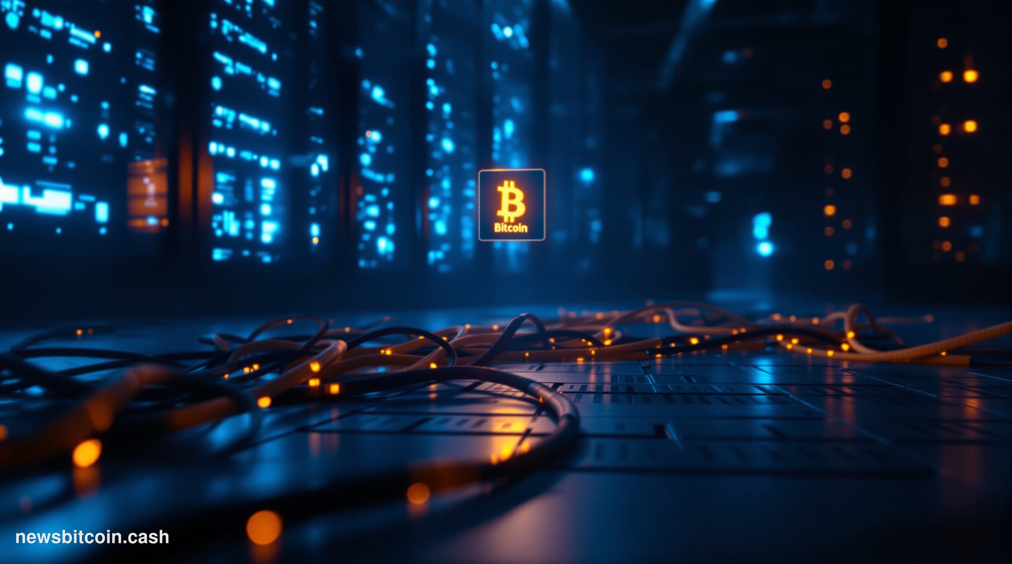 A cinematic photorealistic editorial photograph depicting a darkened server room bathed in cold blue light, with a single Bit
