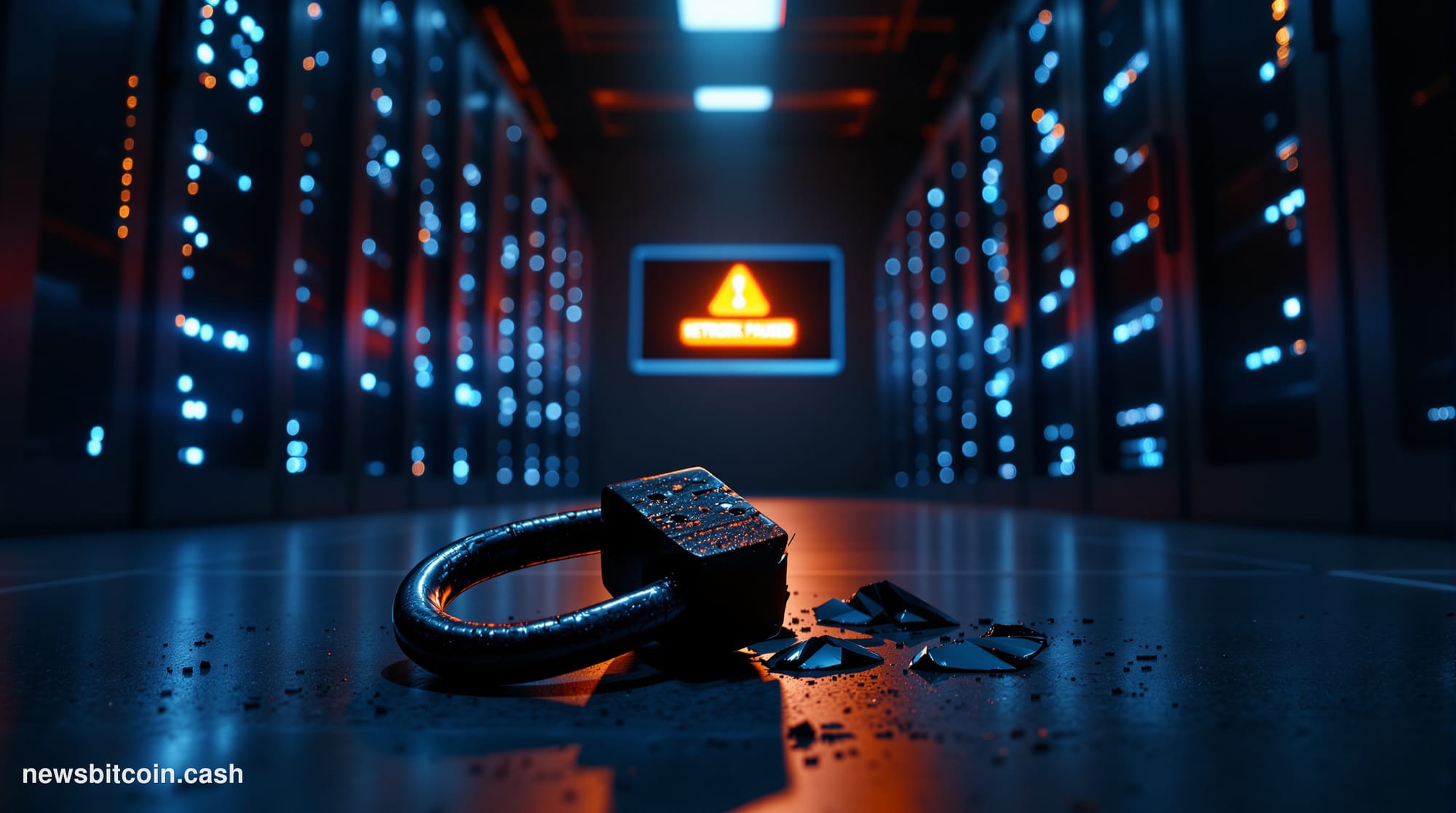 Cinematic photorealistic editorial photograph of a darkened server room corridor, shot from a low angle looking upward at row
