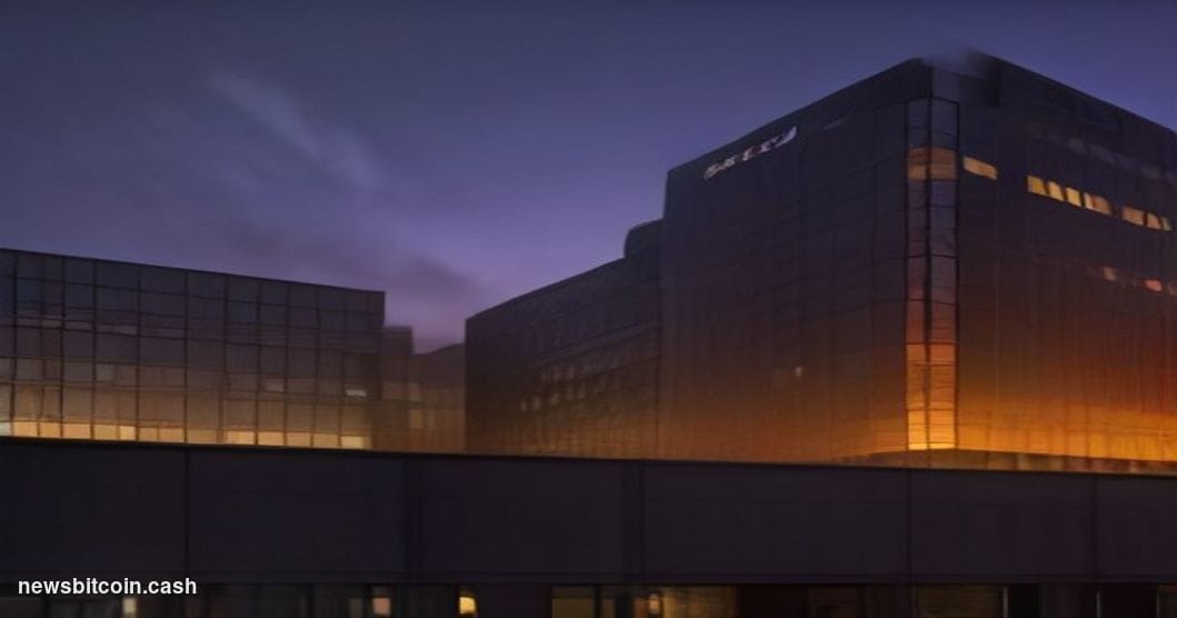Cinematic photorealistic editorial photograph of Meta Platforms' Menlo Park headquarters campus at dusk, with the iconic thum