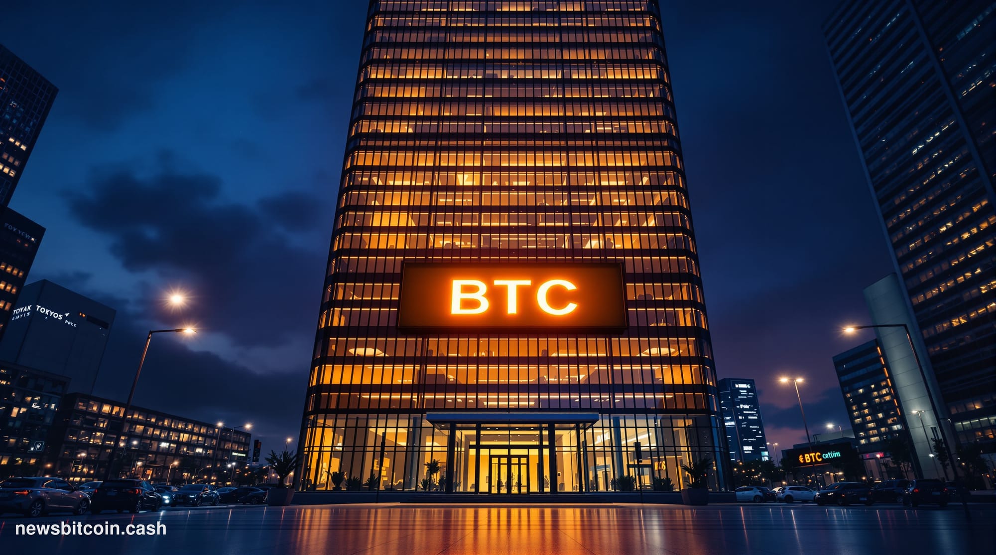Cinematic photorealistic editorial photograph of a sleek, modern Tokyo financial district office tower at dusk, shot from a l