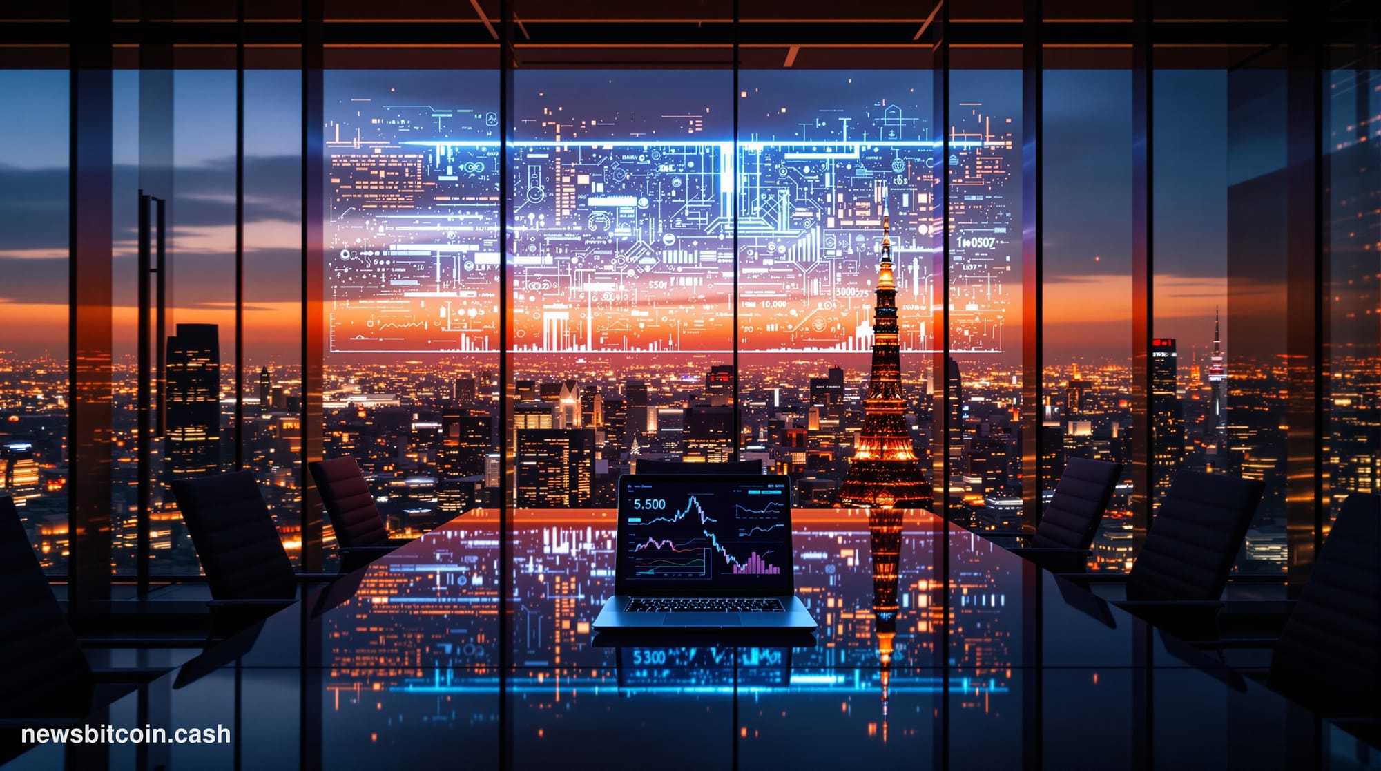 Cinematic photorealistic editorial photograph of the Tokyo skyline at dusk seen through floor-to-ceiling glass windows of a m