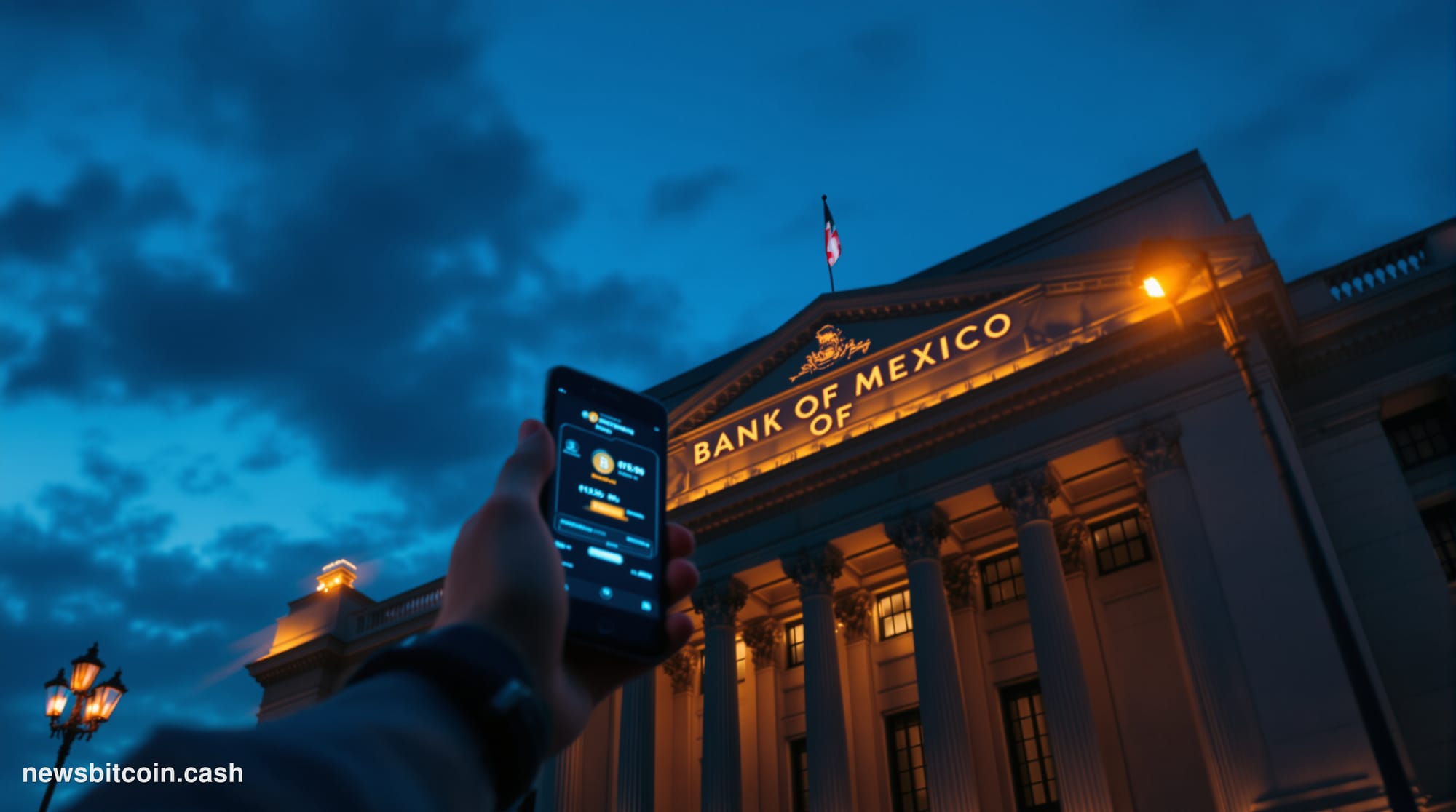 Cinematic photorealistic editorial photograph of Mexico City's Palacio de Bellas Artes or the Bank of Mexico (Banco de México