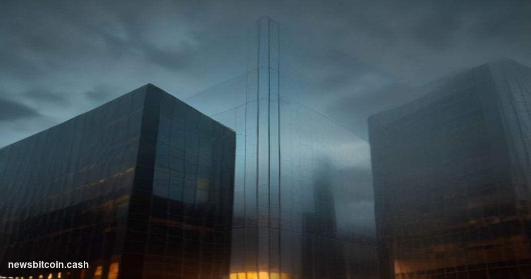 Cinematic photorealistic editorial photograph of the MicroStrategy corporate headquarters in Tysons Corner, Virginia, shot at