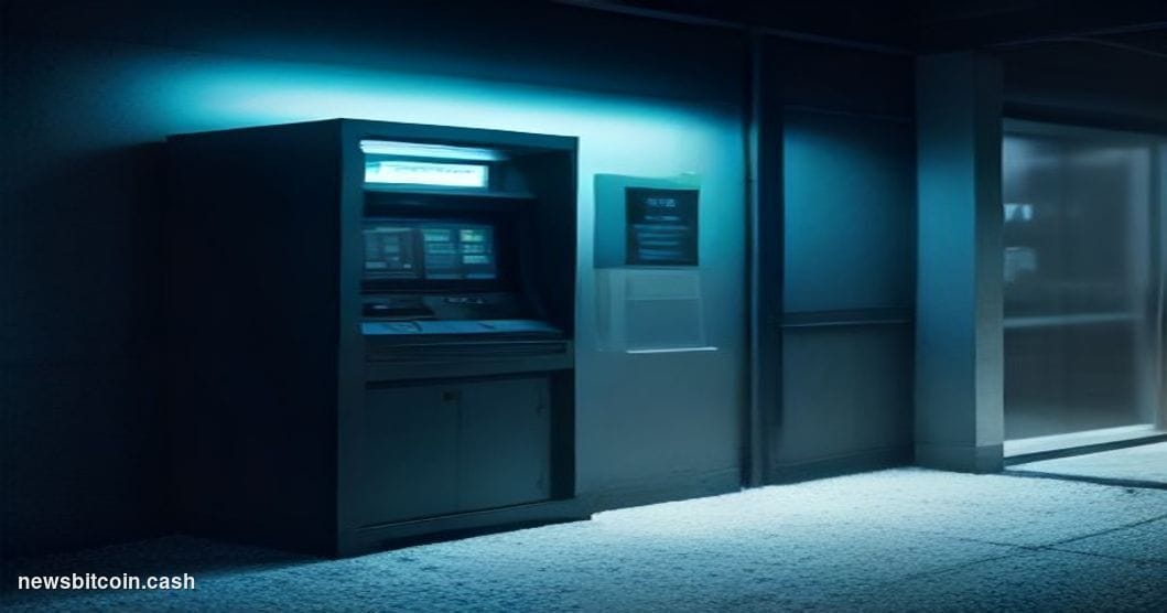 Cinematic photorealistic editorial photograph of a decommissioned crypto ATM kiosk in a Minnesota convenience store, shot fro