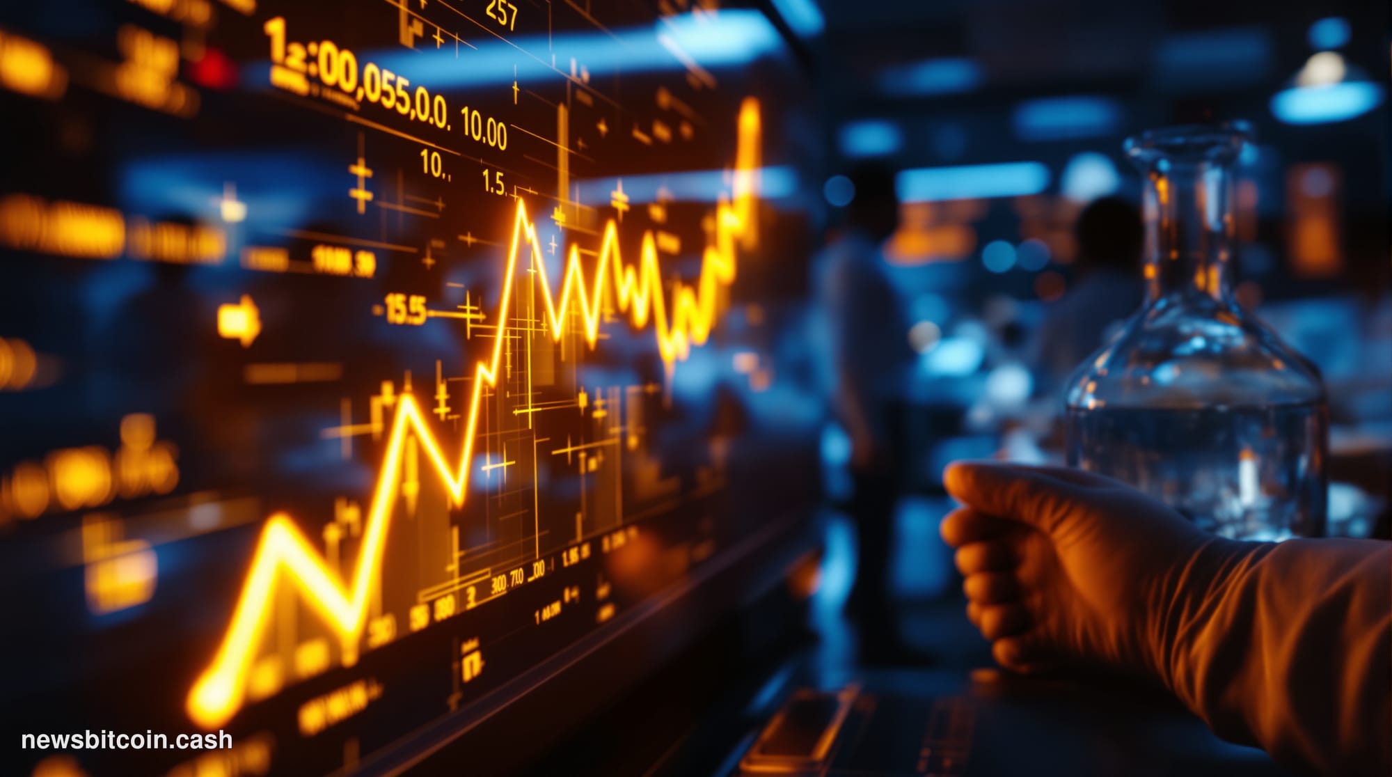 Cinematic photorealistic editorial photograph of a dramatic stock trading floor environment, lit with intense amber and gold 