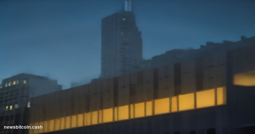 Cinematic photorealistic editorial photograph of Coinbase's San Francisco office exterior at dusk, shot from a low angle look