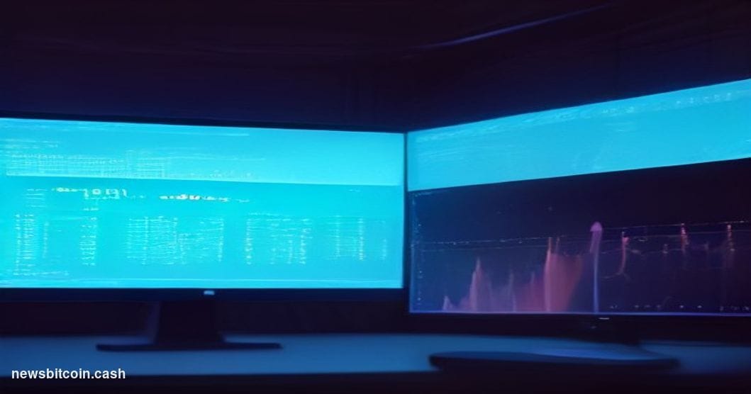 A cinematic photorealistic editorial photograph of a glowing digital financial terminal in a darkened server environment, wit