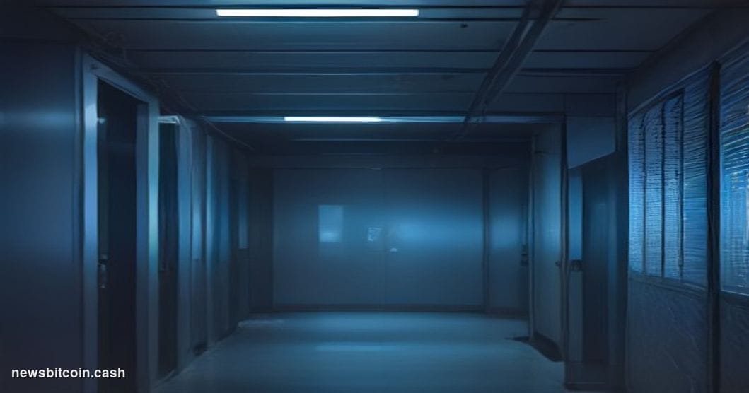 Cinematic photorealistic editorial photograph of a sleek dark server room bathed in cold blue light, with a single cracked gl