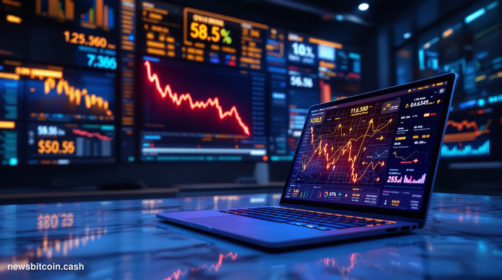 Cinematic photorealistic editorial photograph of a large, dimly lit cryptocurrency trading floor with glowing screens display