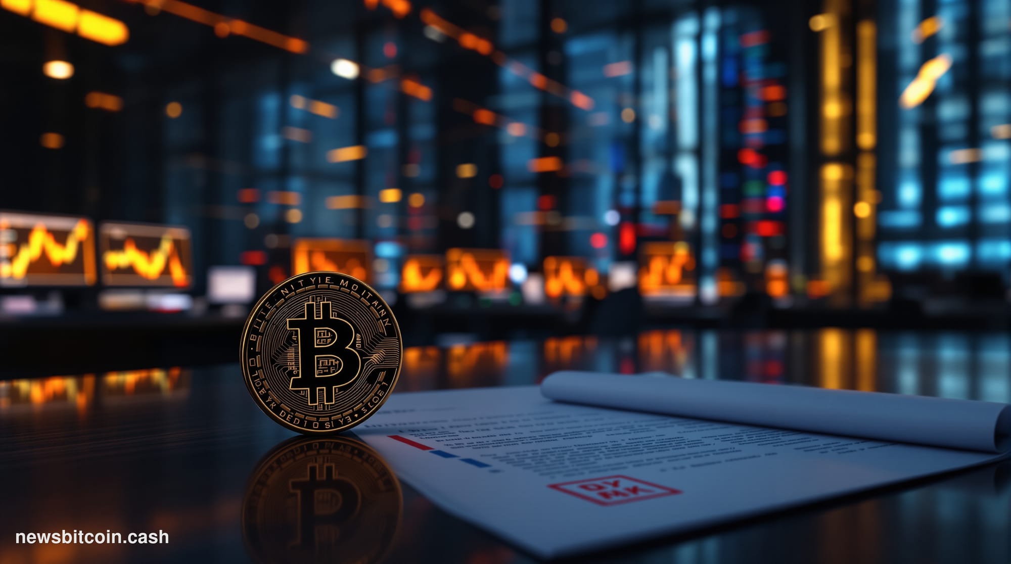 A cinematic photorealistic editorial photograph set in a dimly lit financial trading floor environment reminiscent of a major
