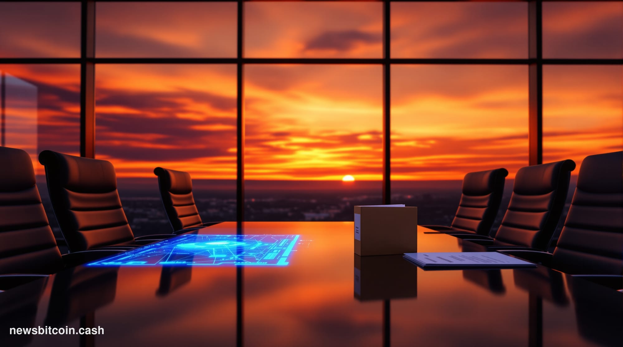 Cinematic photorealistic editorial photograph of a dimly lit Silicon Valley boardroom at dusk, shot from a low angle looking 