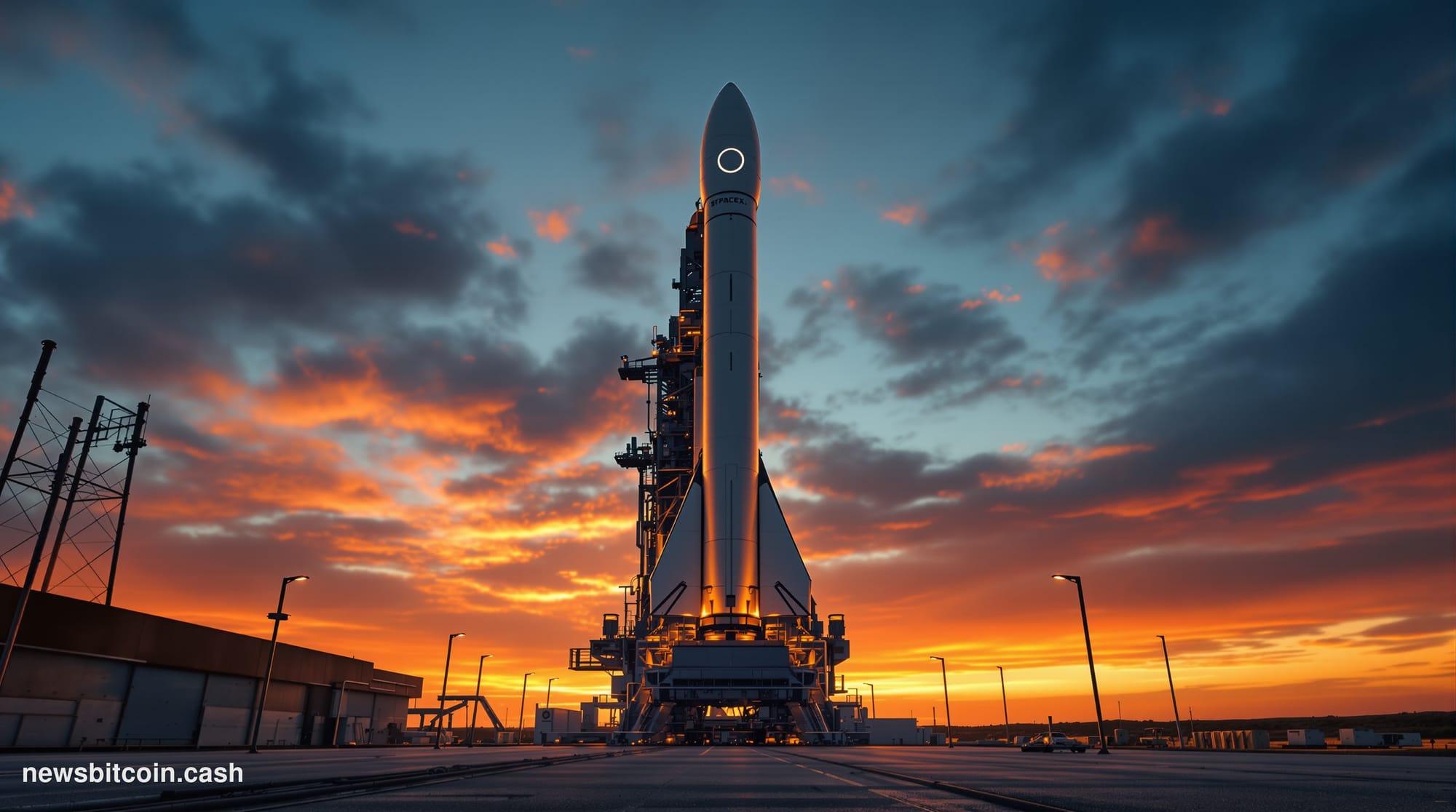 Cinematic photorealistic editorial photograph of a SpaceX rocket launch facility at dusk, shot from a low ground-level angle 