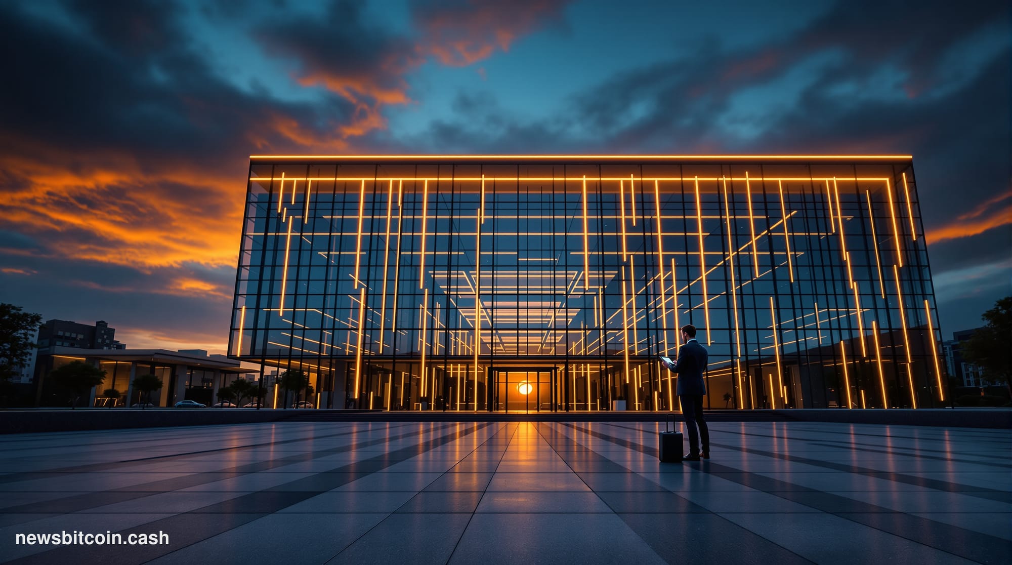 Cinematic photorealistic editorial photograph of a modern corporate headquarters building at dusk, with large glass facades r