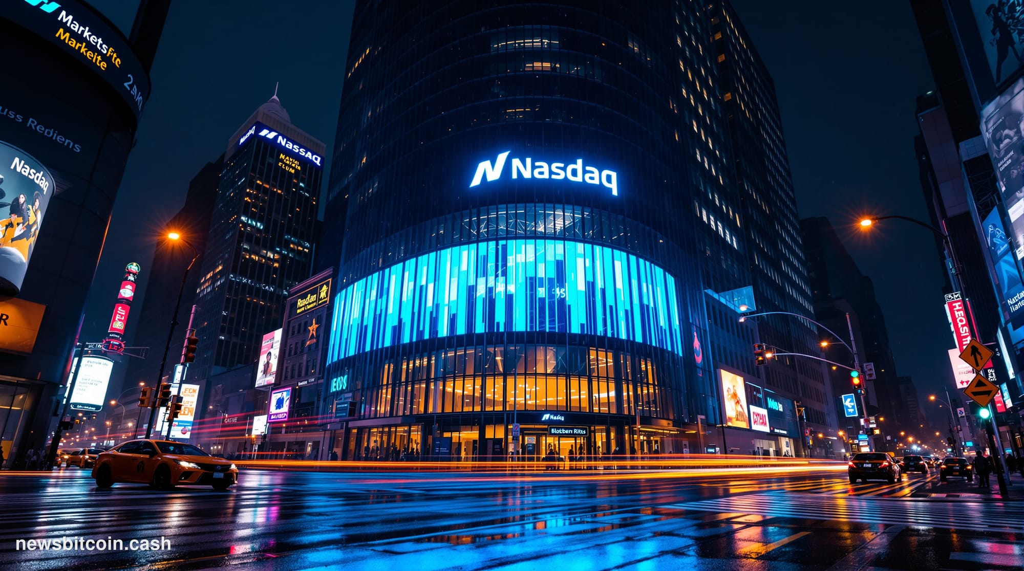 Cinematic photorealistic editorial photograph of the Nasdaq MarketSite building in Times Square, New York City, shot at 2 AM 