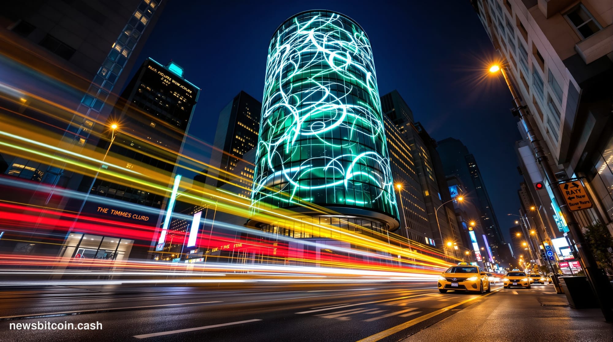 Cinematic photorealistic editorial photograph of the Nasdaq MarketSite tower in Times Square, New York City, shot from a low 