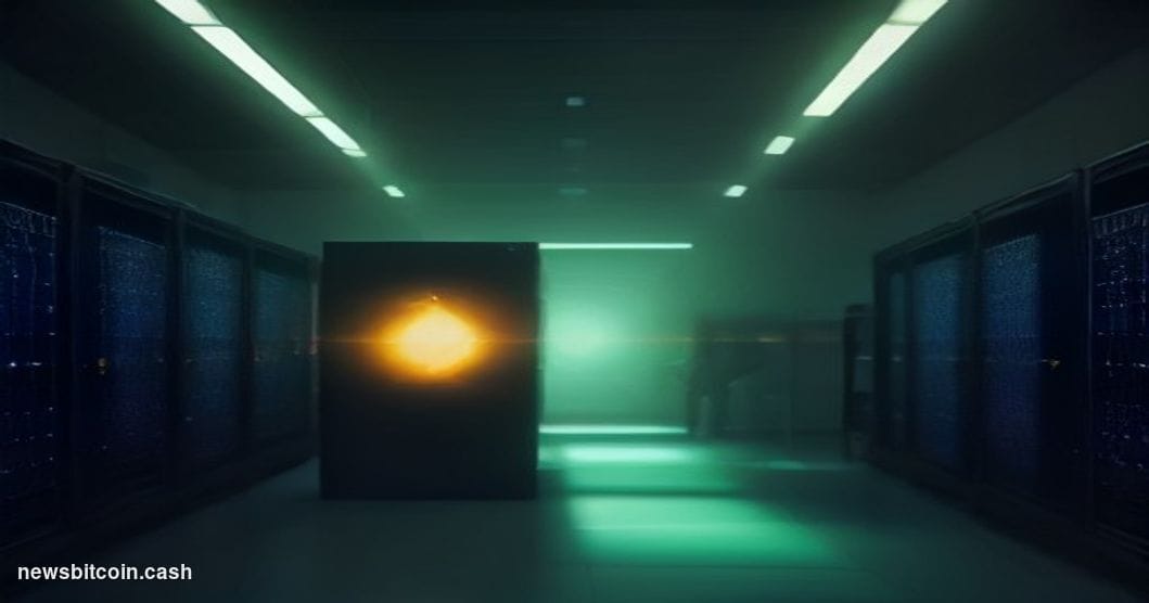 A cinematic photorealistic editorial photograph set in a dimly lit server room with deep blue-green ambient light, with a dra