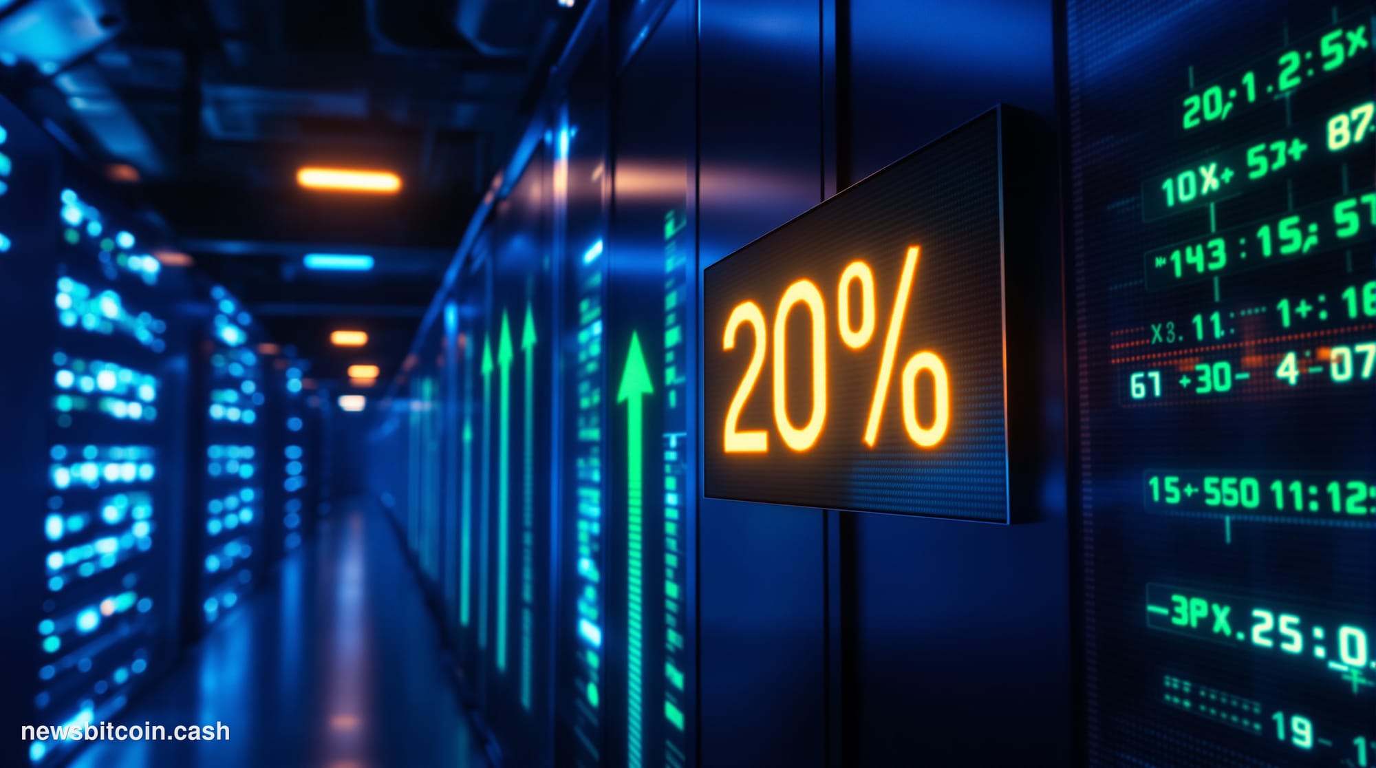 Cinematic photorealistic editorial photograph of a dramatic data center corridor at night, bathed in cool blue and amber ligh